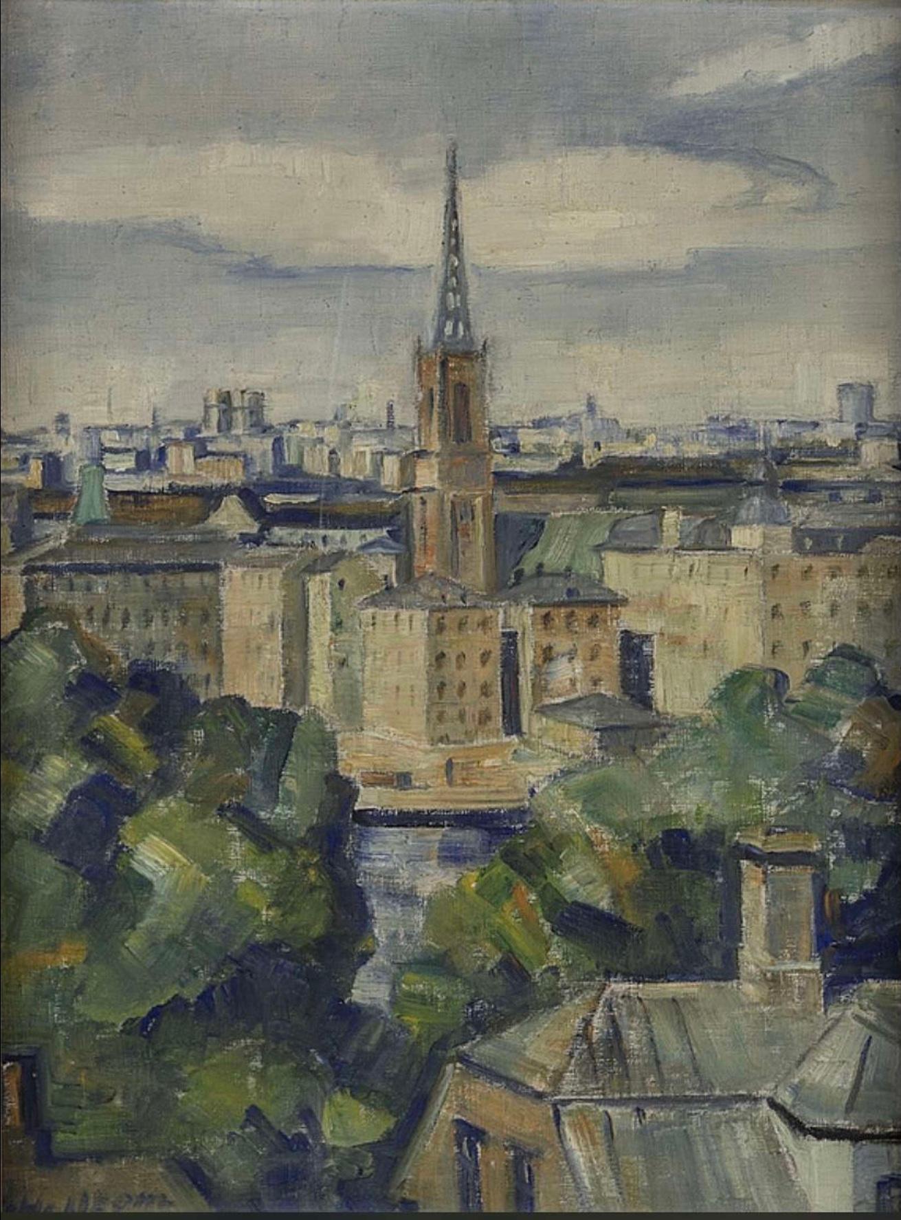 Dipinto in tonalità prevalentemente blu e grigie, questo panorama del centro storico di Stoccolma è probabilmente la zona di Riddarholmen, nota per la sua famosa chiesa. 
Incorniciato in una semplice cornice dorata del 1935 circa, opera dell'artista