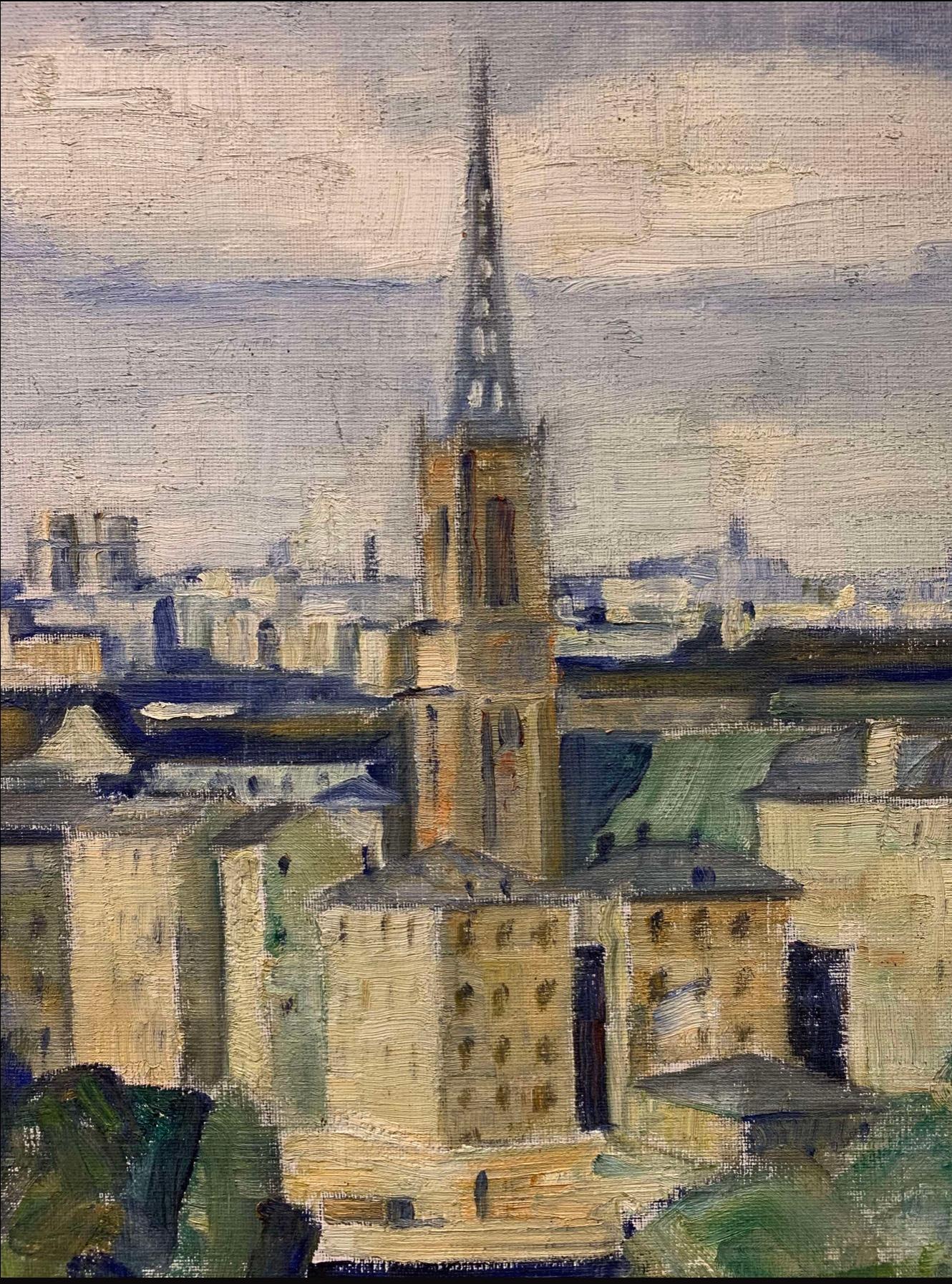 Art Déco Paesaggio urbano svedese degli anni '40 dipinto ad olio del centro storico di Townes in vendita
