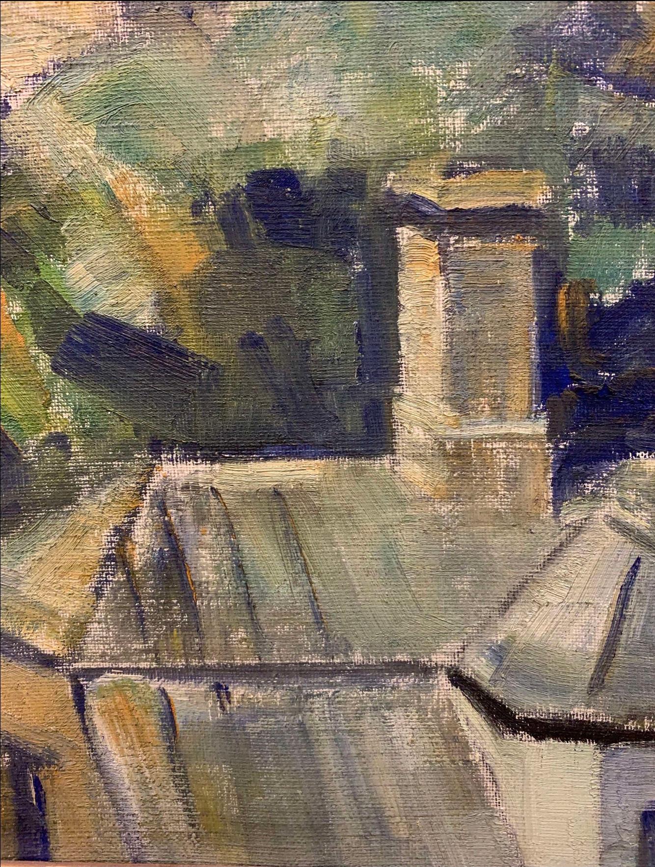 Svedese Paesaggio urbano svedese degli anni '40 dipinto ad olio del centro storico di Townes in vendita