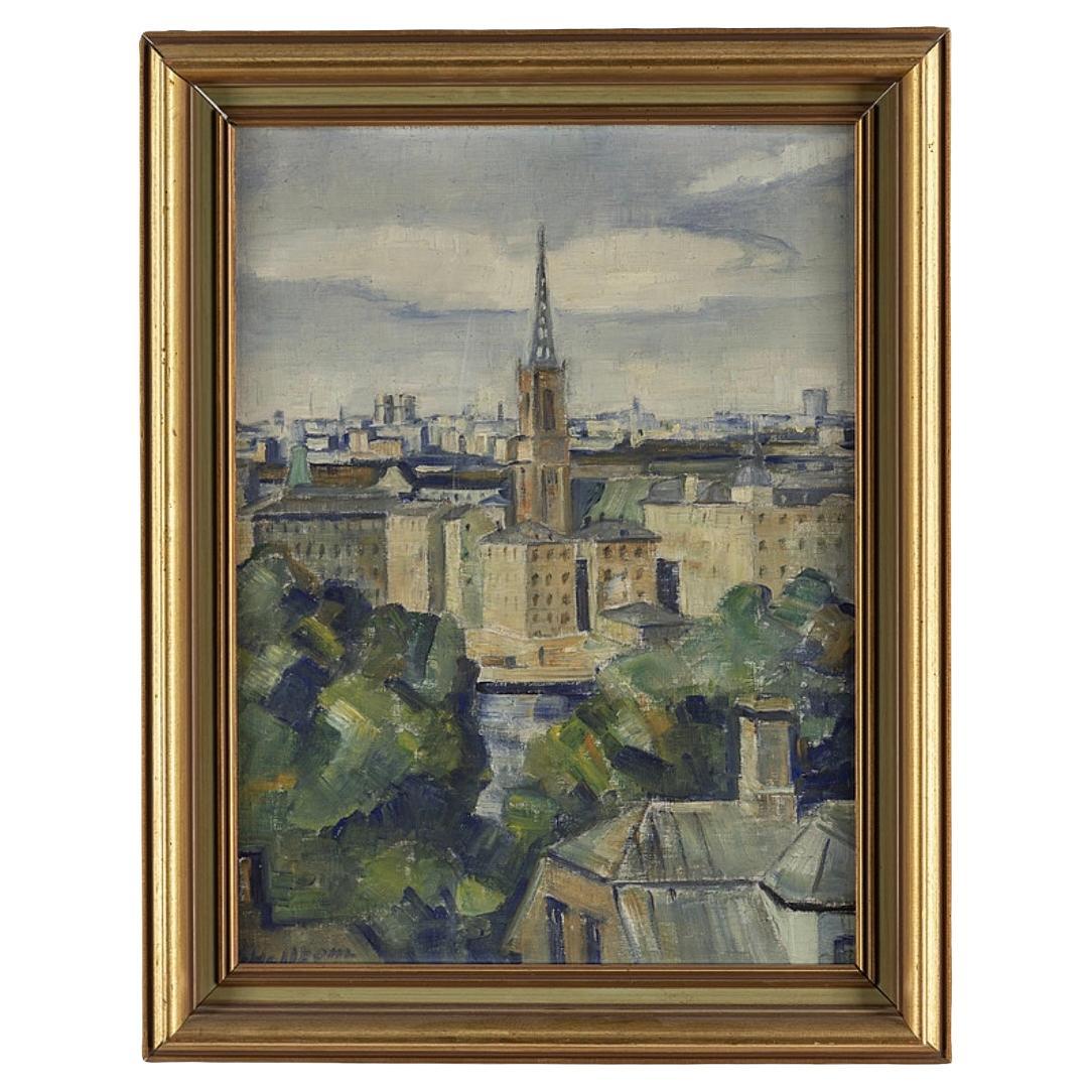 Peinture à l'huile de paysage urbain suédois des années 1940 représentant une vieille ville de Stockholm en vente