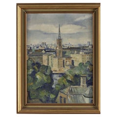 Paisaje urbano sueco al óleo de la década de 1940 de la zona antigua de Estocolmo