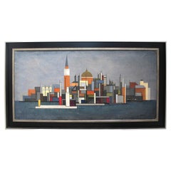 1940s Swedish Colourful Oil on Canvas Geometric Industrial Cityscape by Hansen