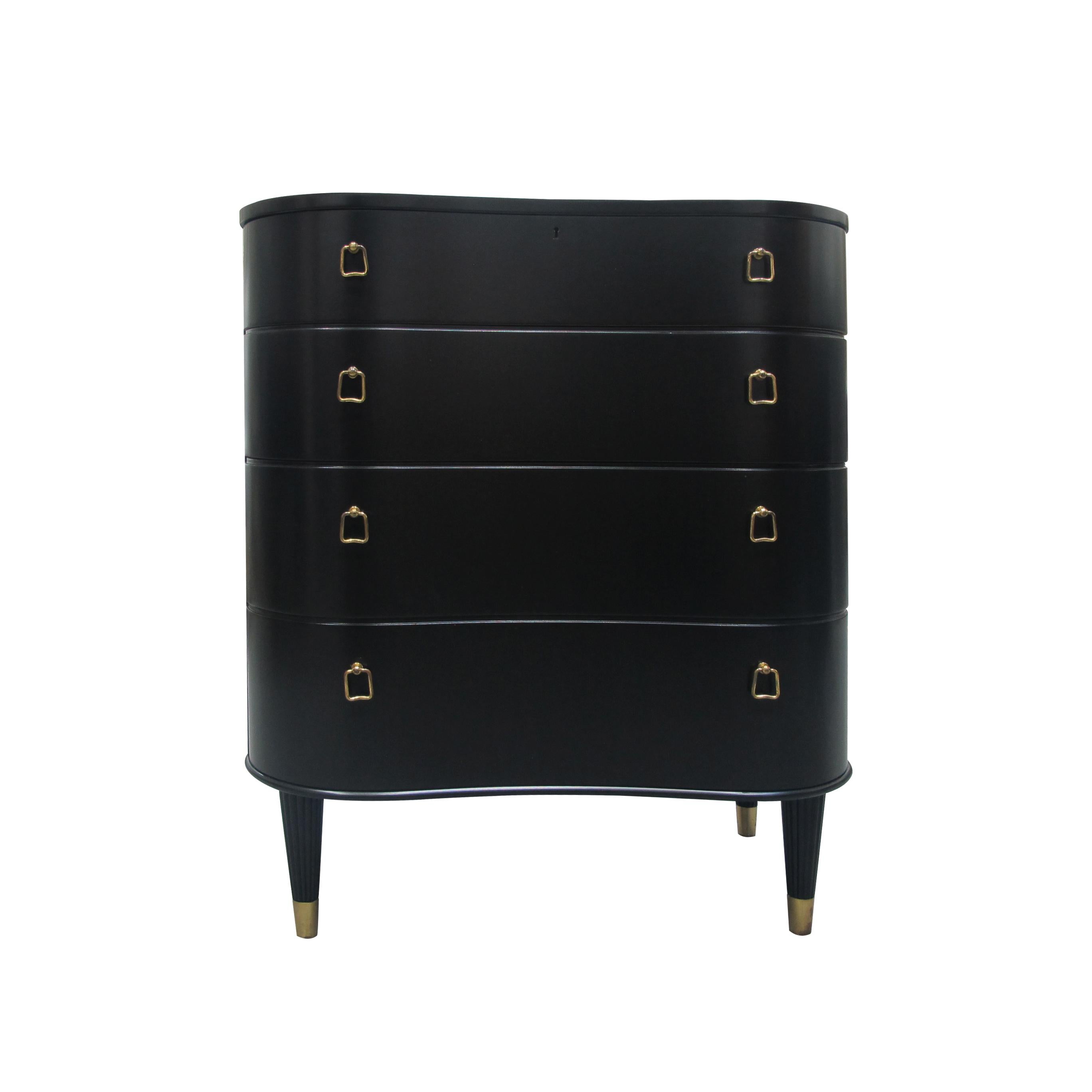 Painted 1940s Swedish Curved Fronted Chest of Drawers with Four Drawers & Brass Handles