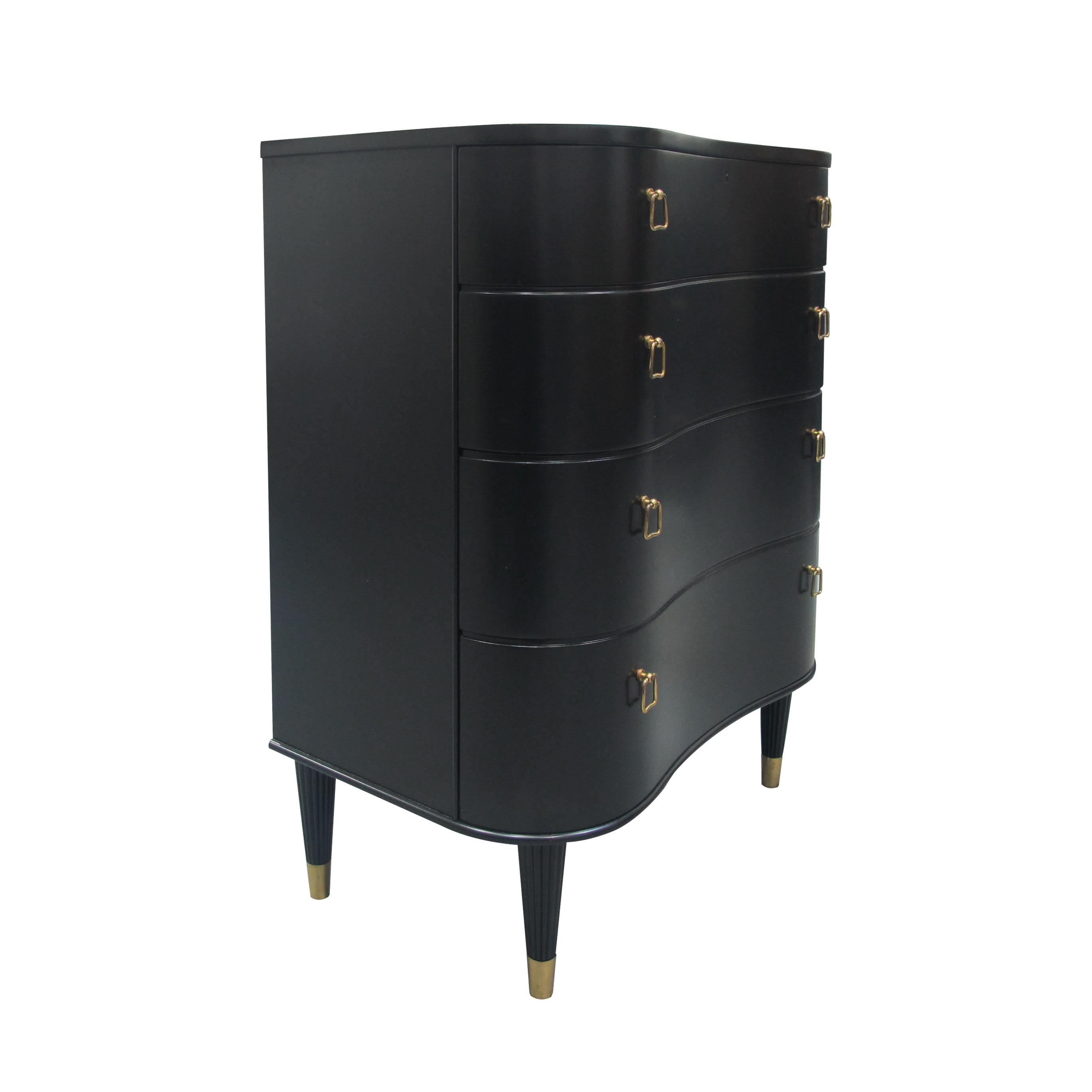 Mid-20th Century 1940s Swedish Curved Fronted Chest of Drawers with Four Drawers & Brass Handles