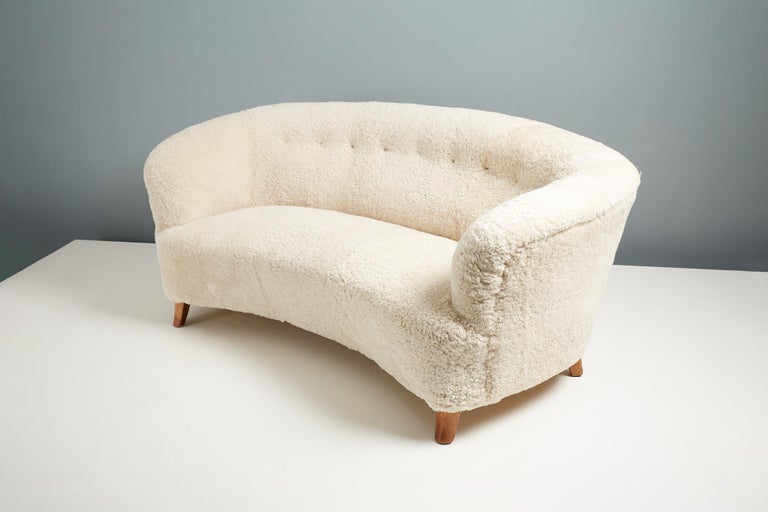 1940s Swedish Curved Sheepskin Sofa For Sale 1