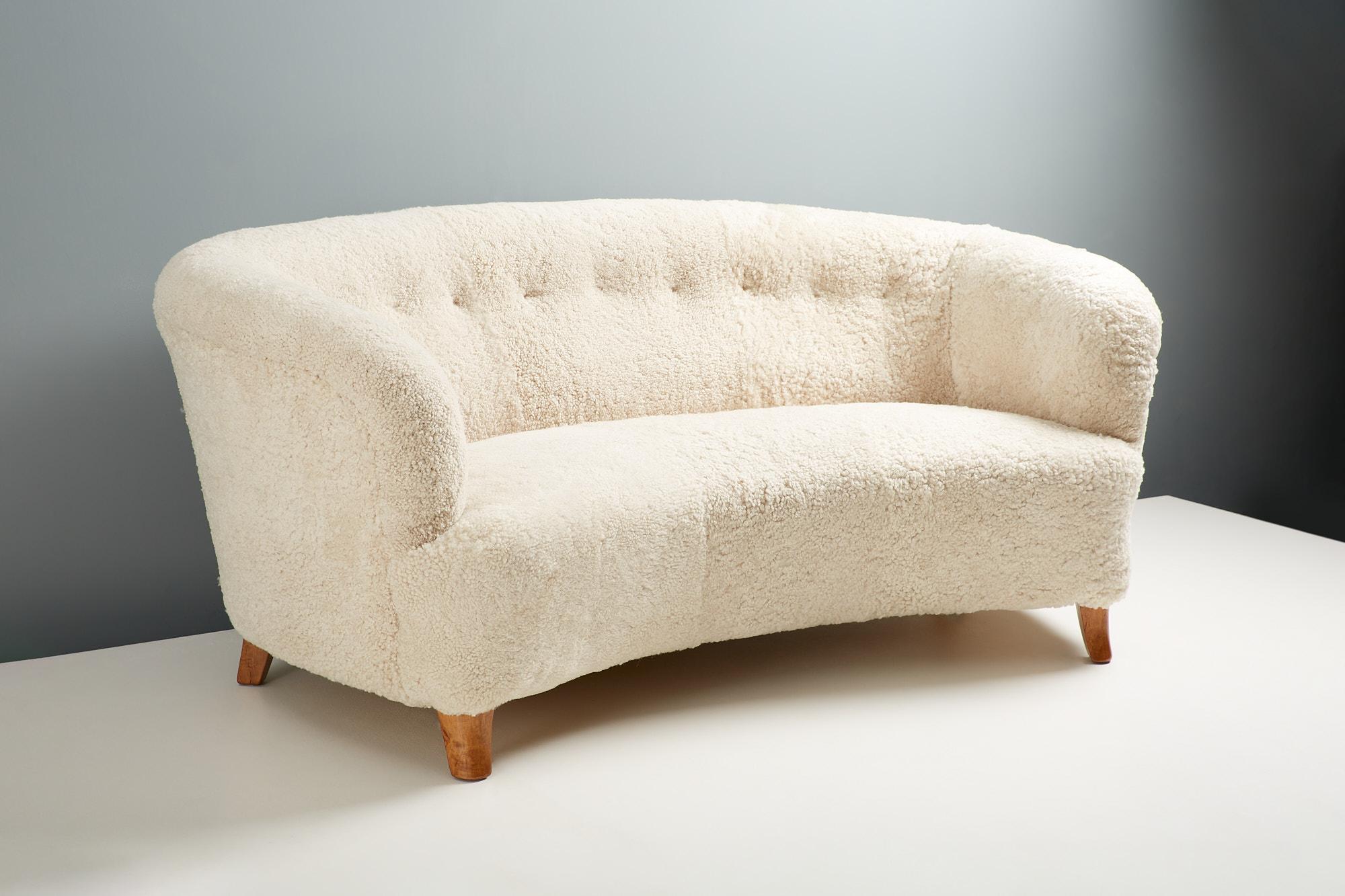 Mid-20th Century 1940s Swedish Curved Sheepskin Sofa For Sale
