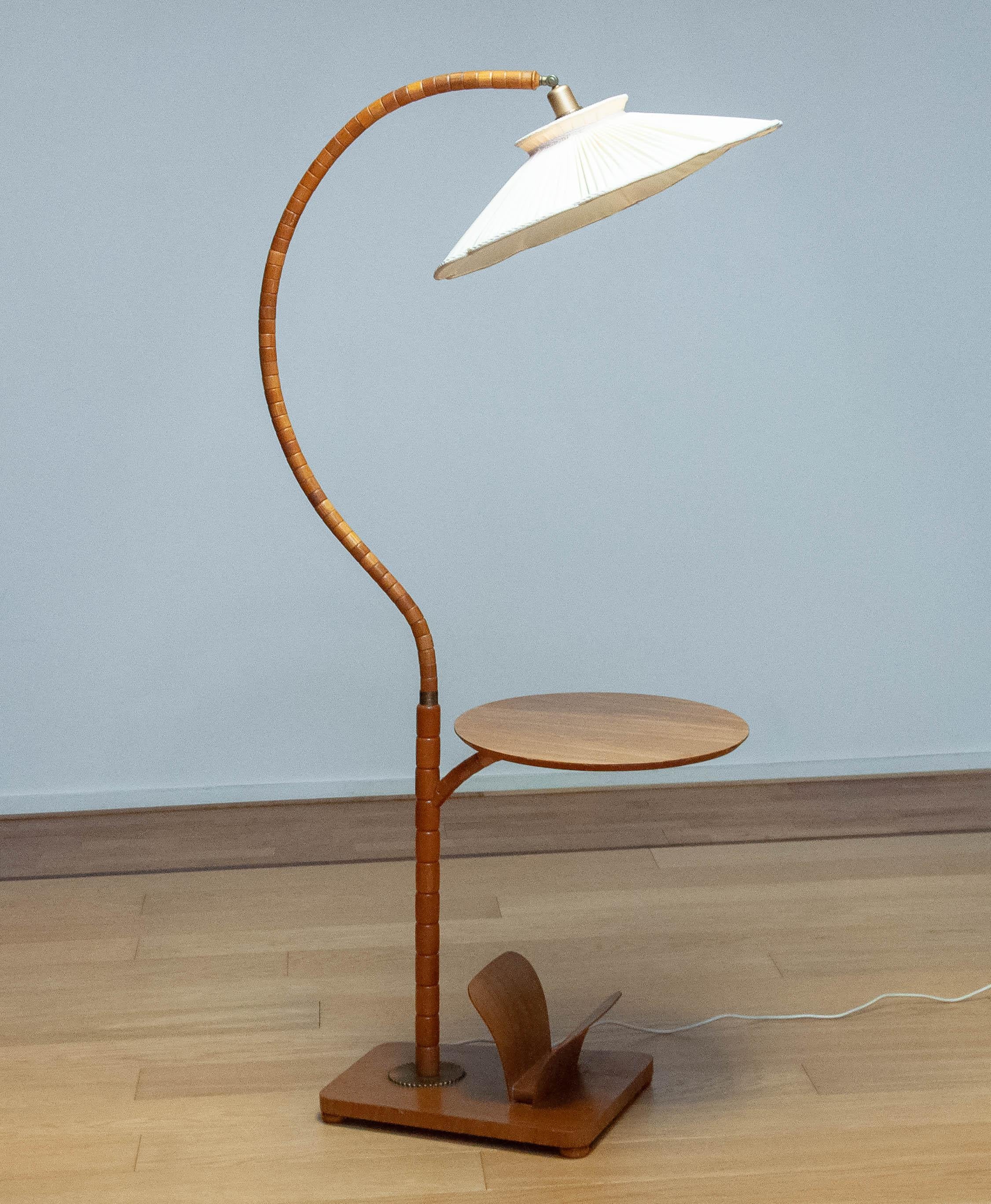 1940s Swedish Art Nouveau Floor Lamp In Elm Wood And Elm Table By IWO Mariestad 2