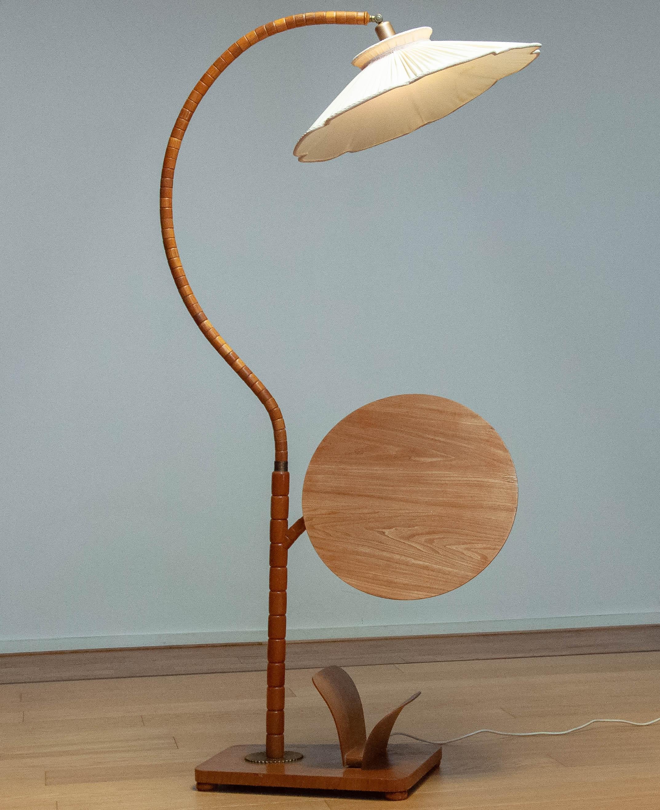 1940s Swedish Art Nouveau Floor Lamp In Elm Wood And Elm Table By IWO Mariestad 3