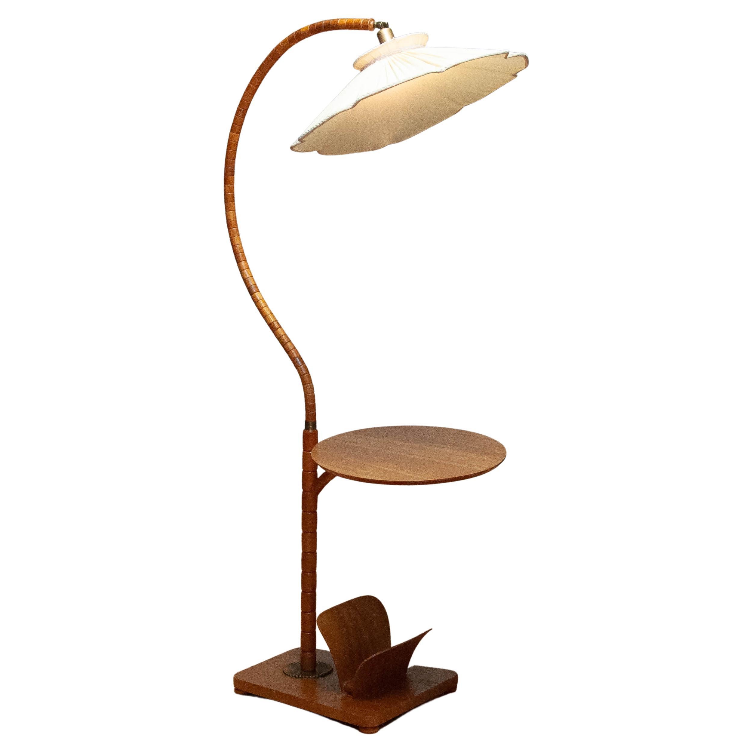 1940s Swedish Art Nouveau Floor Lamp In Elm Wood And Elm Table By IWO Mariestad