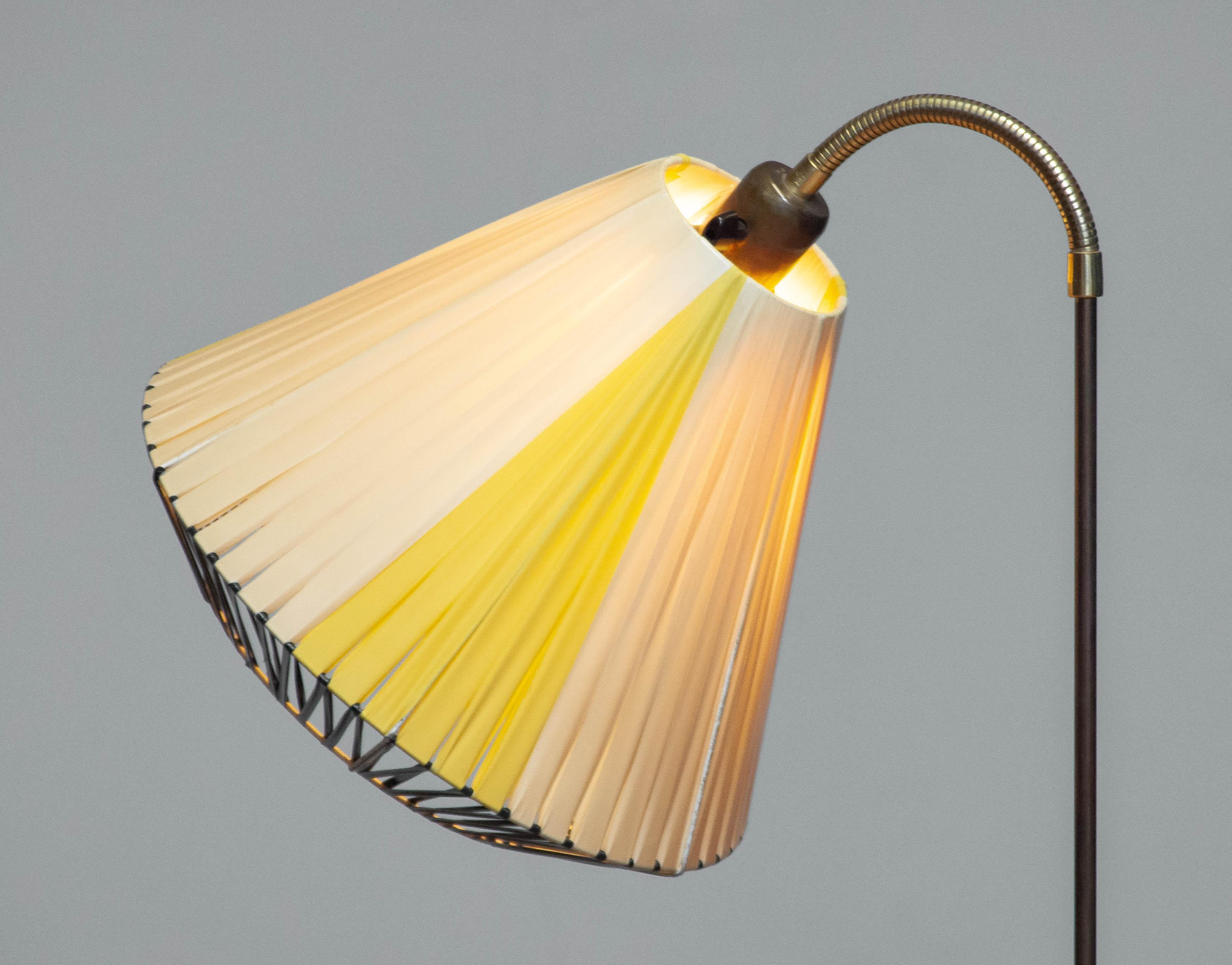 1940s Swedish Floor Lamp With Pine Base and Polyester Ribbon Wrapped Shade For Sale 1