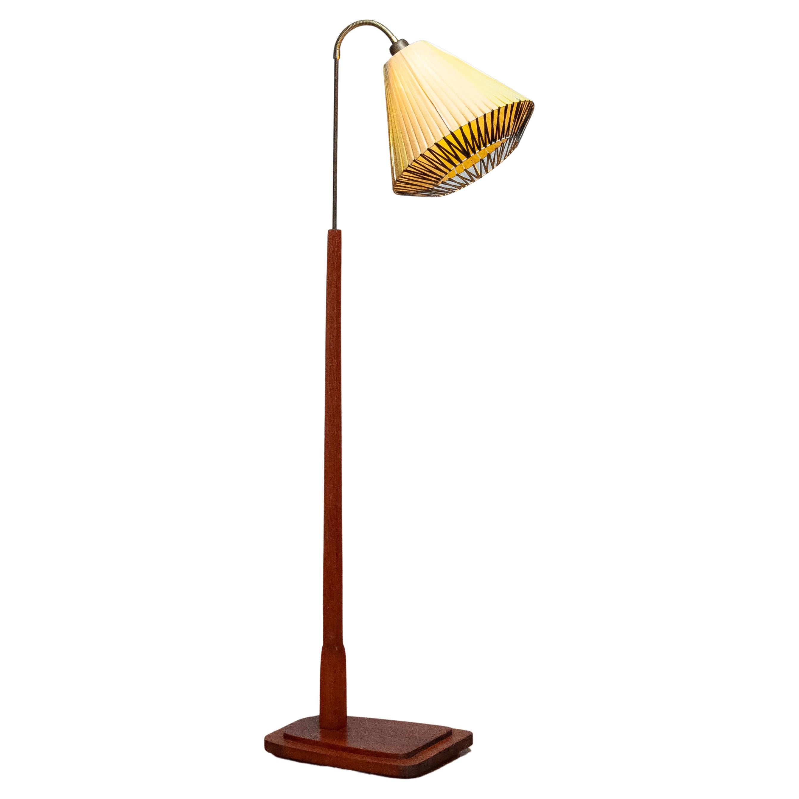 1940s Swedish Floor Lamp With Pine Base and Polyester Ribbon Wrapped Shade For Sale