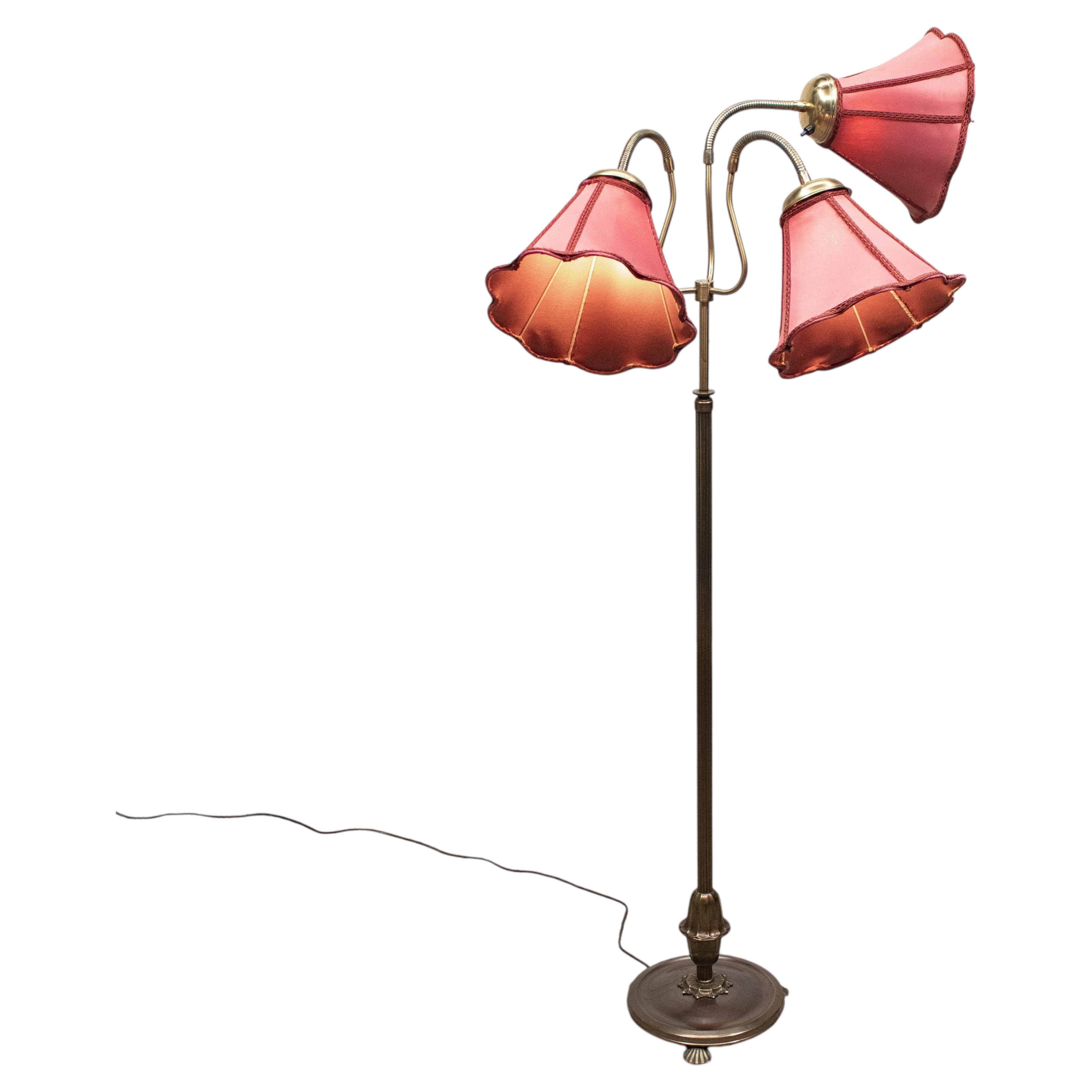 1940s Swedish Floor Lamp With Three Red Satin Shades For Sale