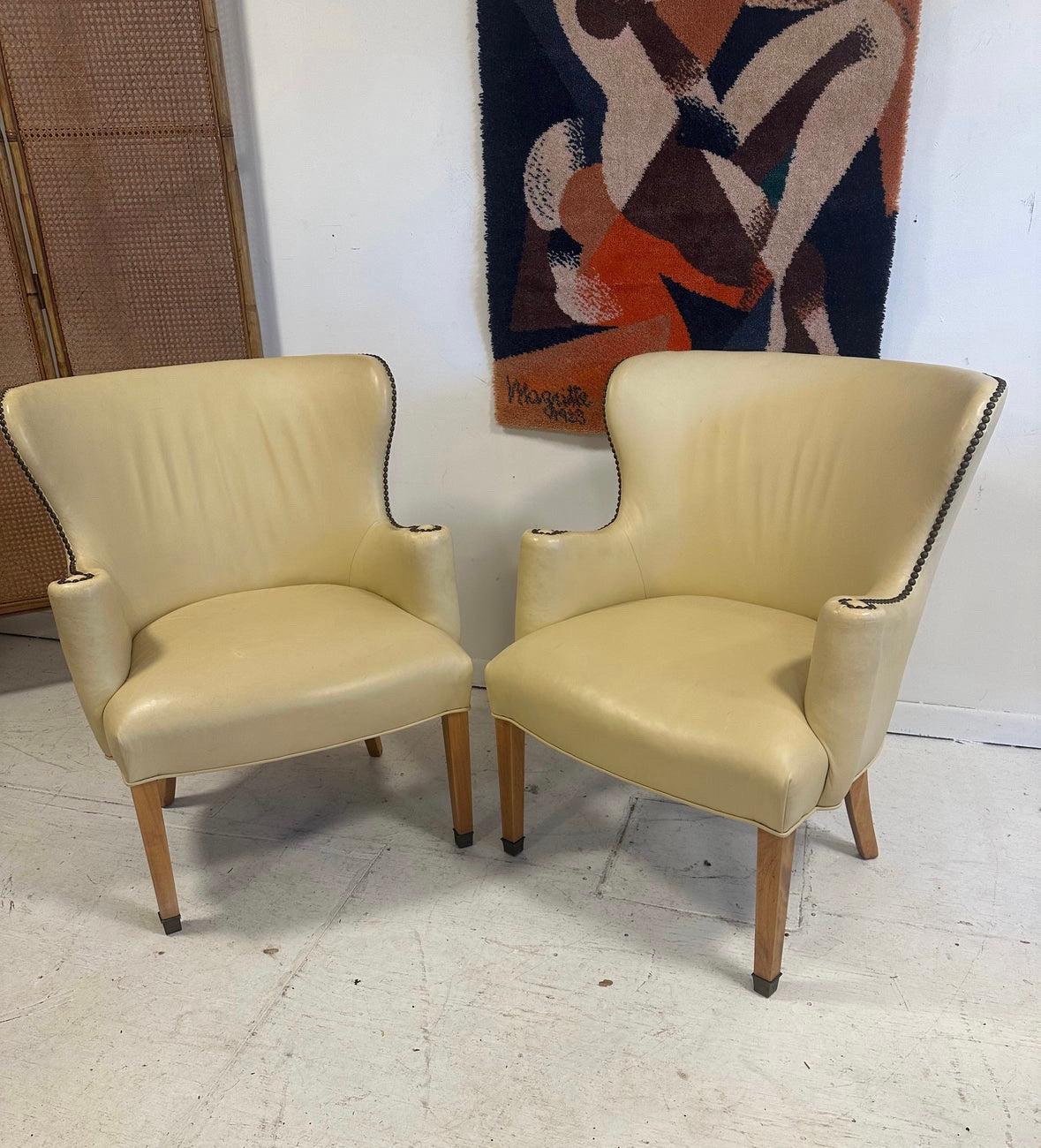 Exquisite in their condition for their age, great patina to arm rests showing their antique age, they look quite modern. From the estate of a local judge. A rare find in this condition and well looked after. 
Spring seats and supple off-white cream