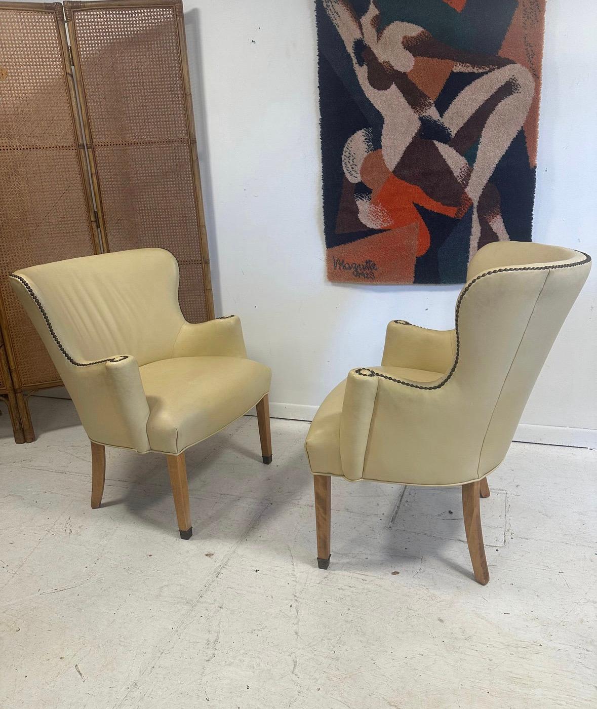 1940s Swedish Lamb Leather Wing Chairs Armchairs For Sale 1