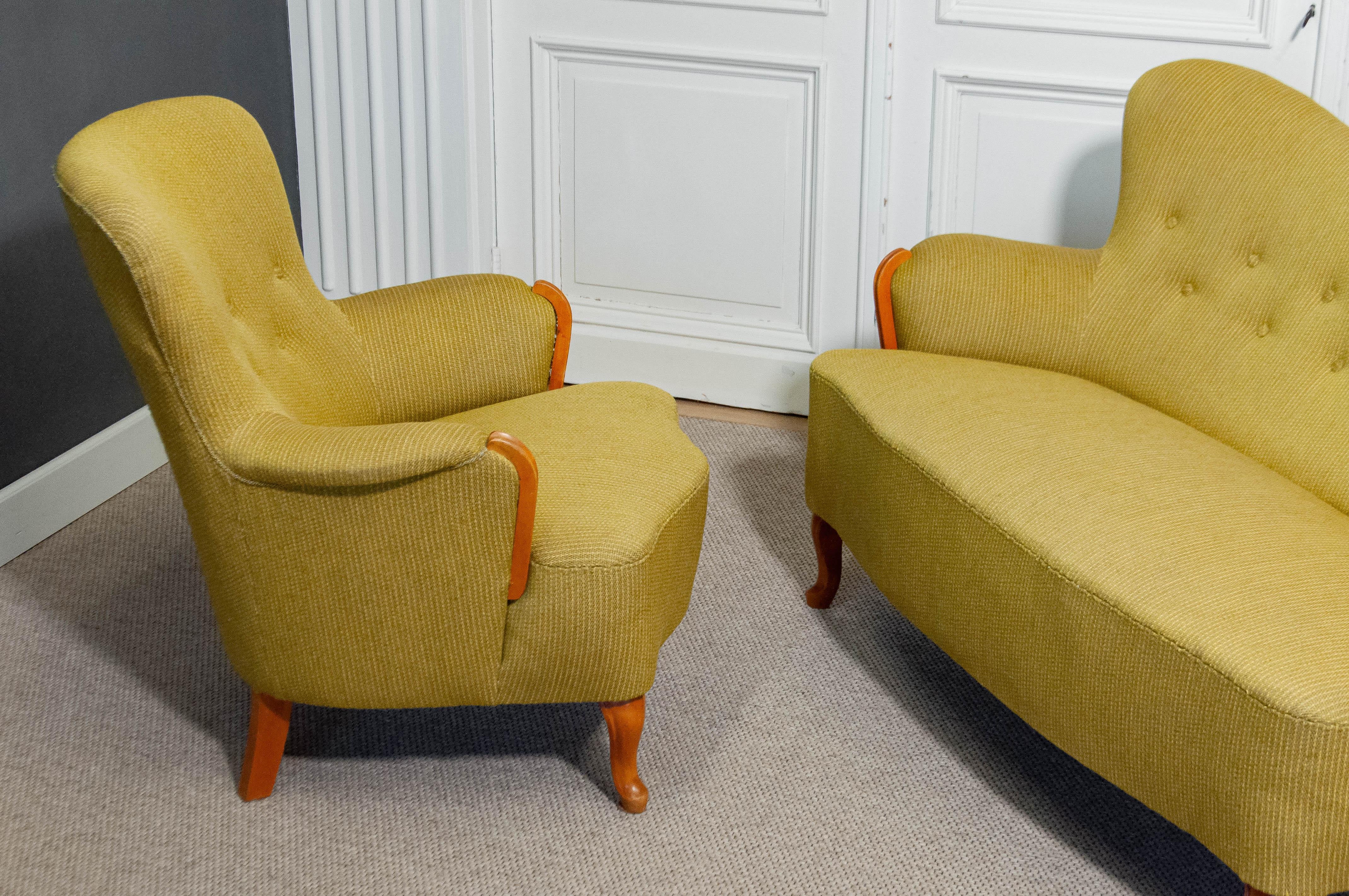 Ensemble de salon suédois des années 1940, canapé et chaise  Attribué à Carl Malmsten en vente 5