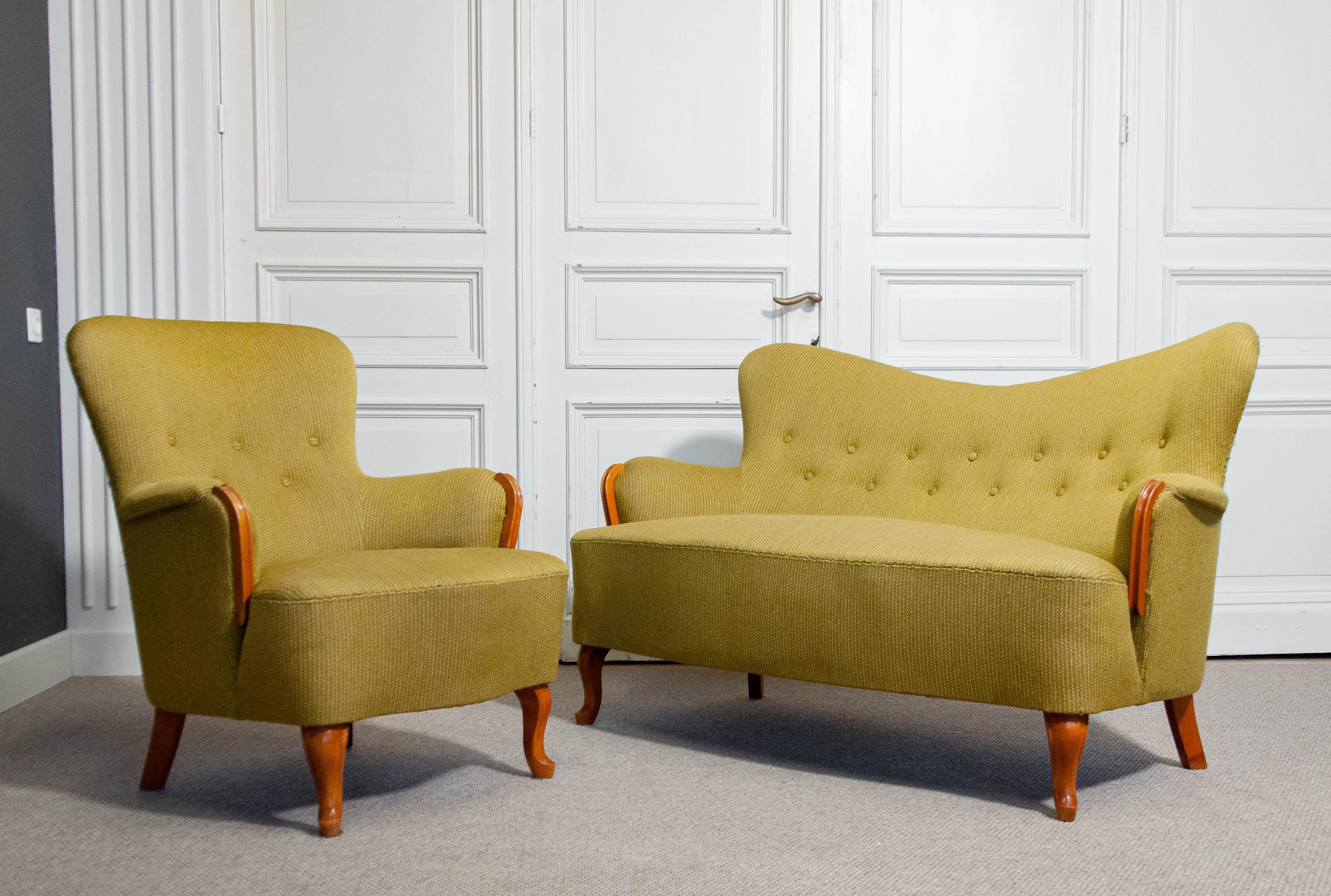 Ensemble de salon suédois des années 1940, canapé et chaise  Attribué à Carl Malmsten en vente 8