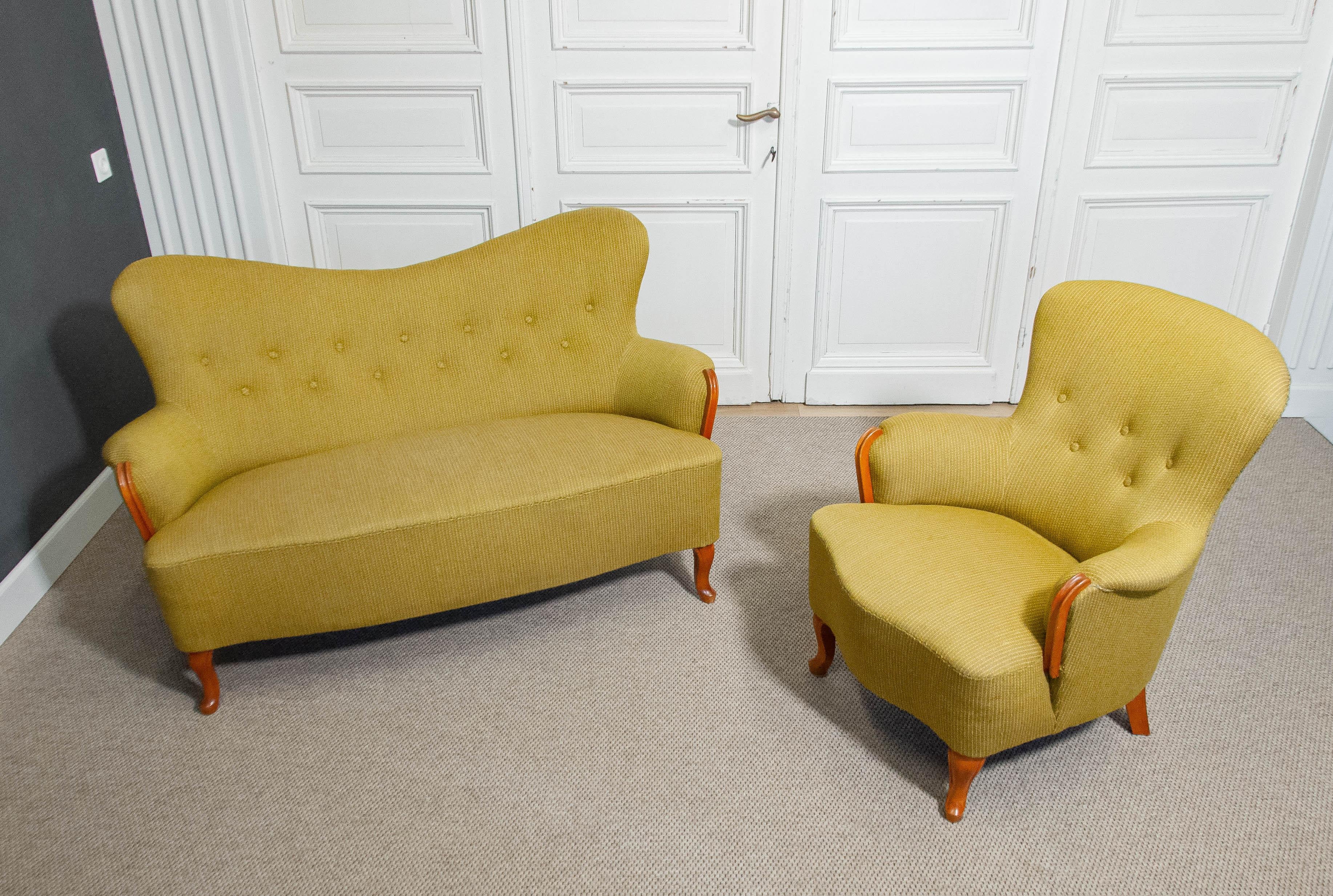 Ensemble de salon suédois des années 1940, canapé et chaise  Attribué à Carl Malmsten Bon état - En vente à Silvolde, Gelderland