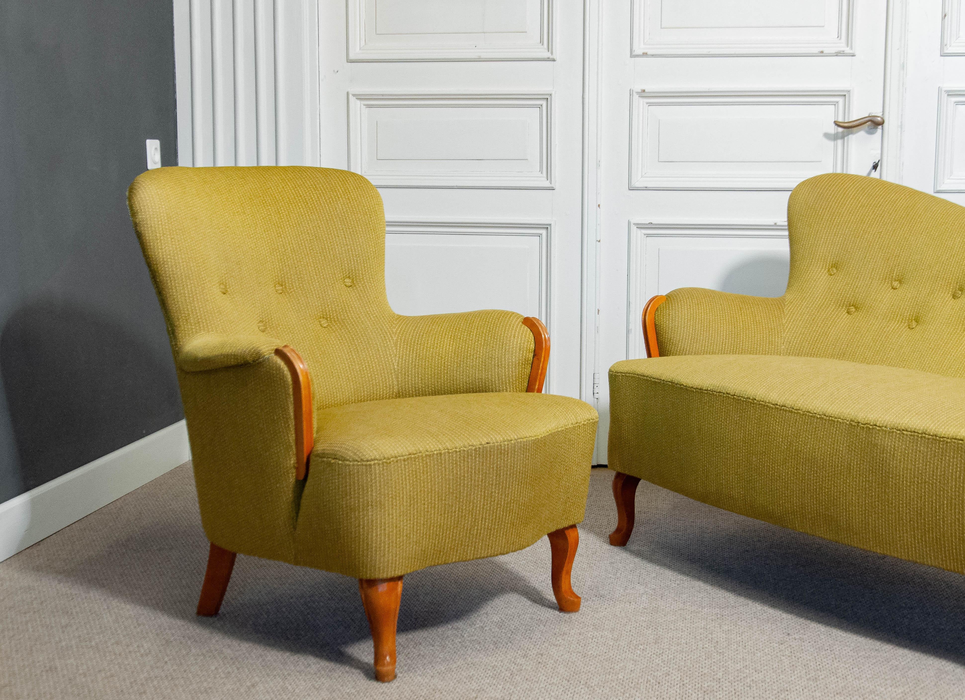 Ensemble de salon suédois des années 1940, canapé et chaise  Attribué à Carl Malmsten en vente 1
