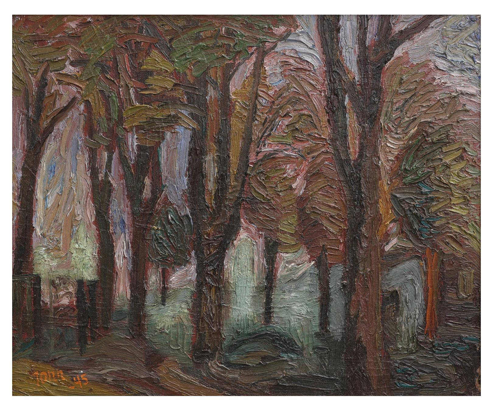 suggestivo dipinto ad olio degli anni '40  di una scena di foresta con forti tratti di impasto e toni di colore decisi.
Semplicemente incorniciata dell'epoca dal noto artista svedese Gunnar John, che studiò alla Royal Danish Academy of Arts di