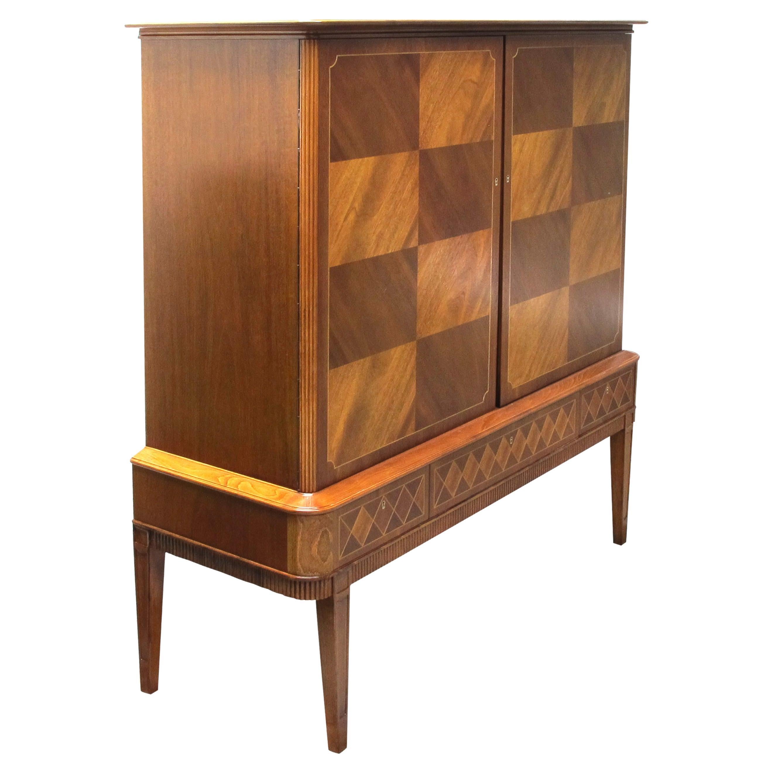 1940s Swedish Tall Linen/Bar Inlaid Marquetry Cabinet by Ferdinand Lundquist