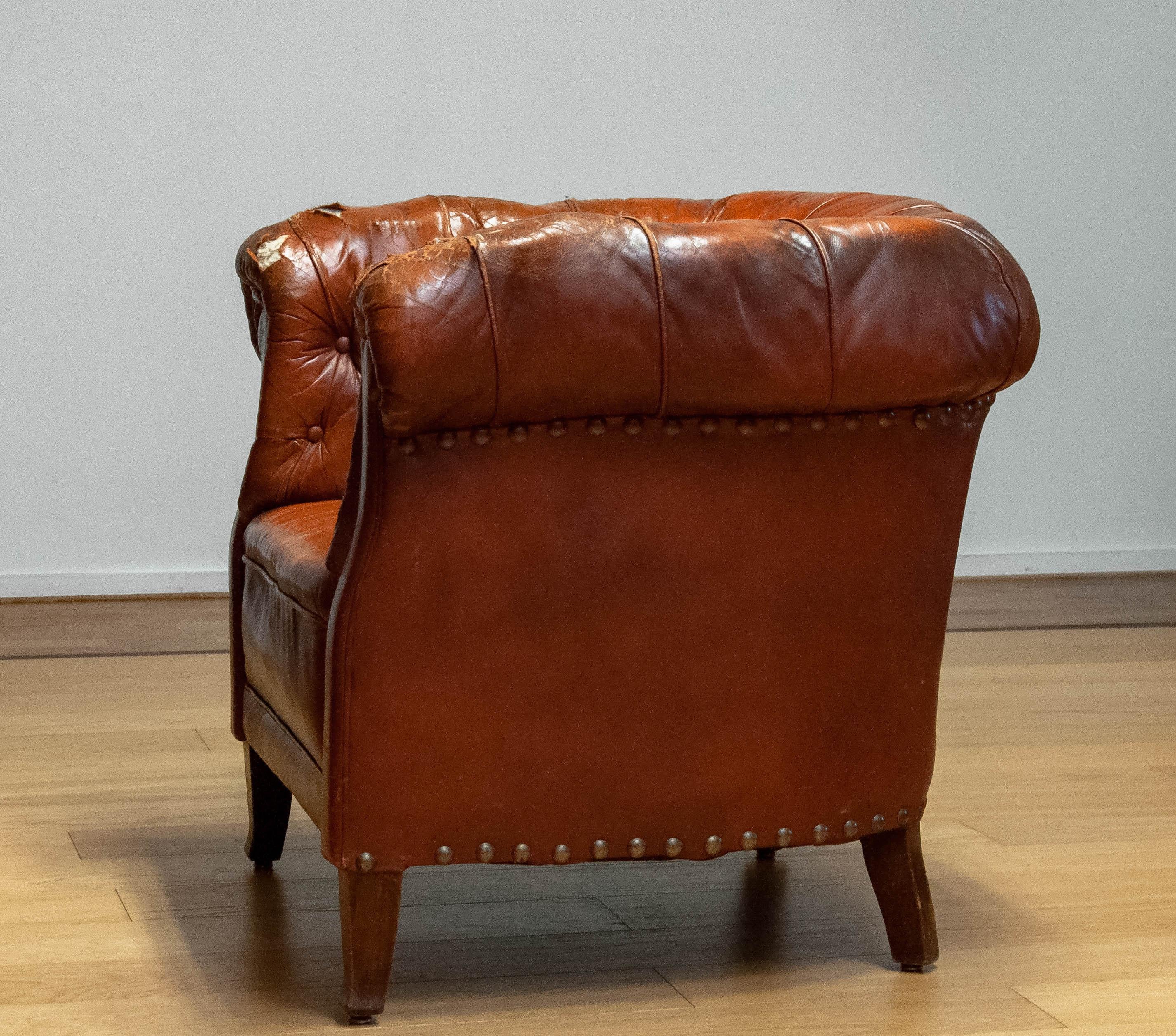 1940s Swedish Tufted Club Chair 'Chesterfield Model' In Tan Brown Worn Leather 5
