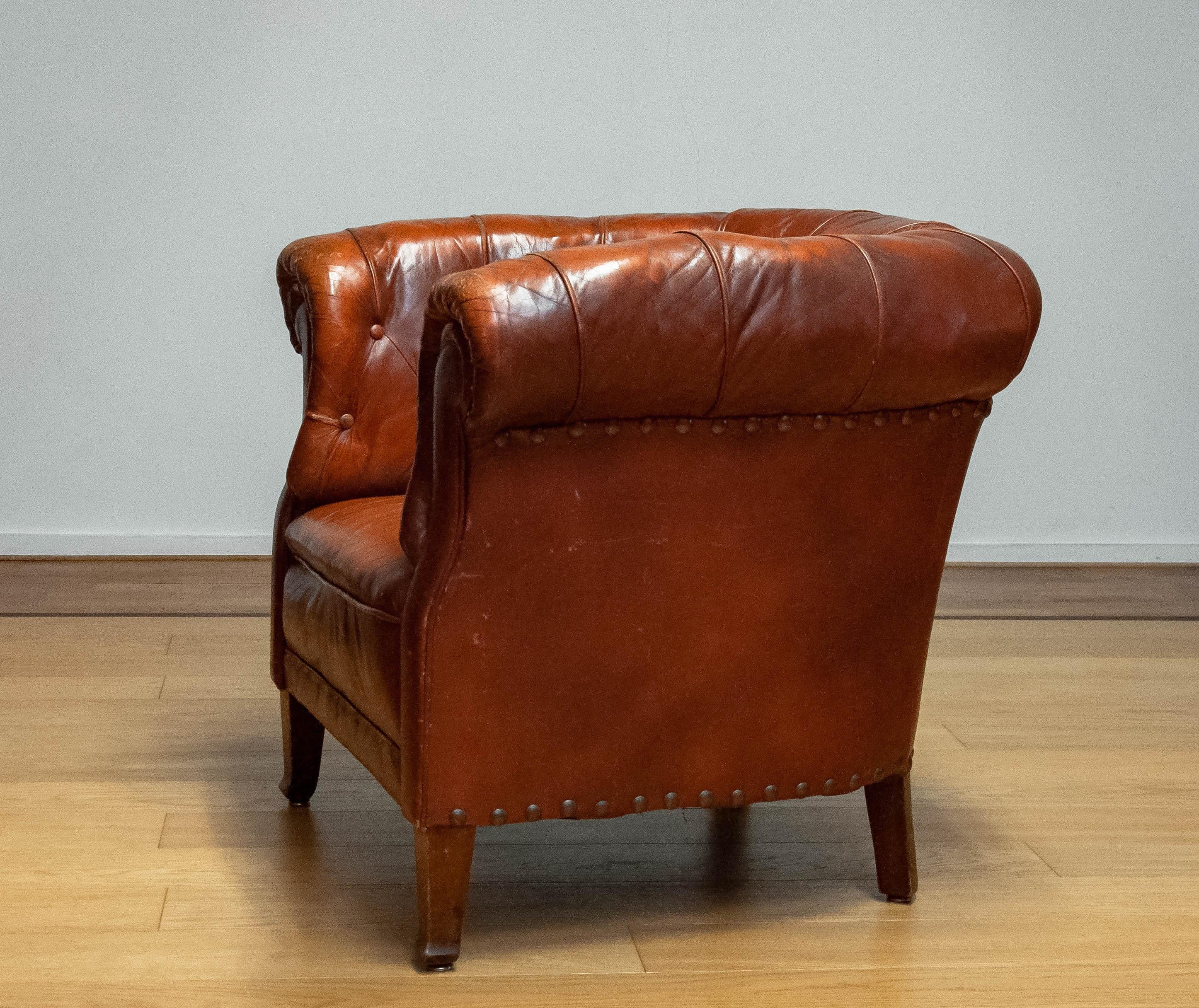 1940s Swedish Tufted Club Chair 'Chesterfield Model' In Tan Brown Worn Leather 6