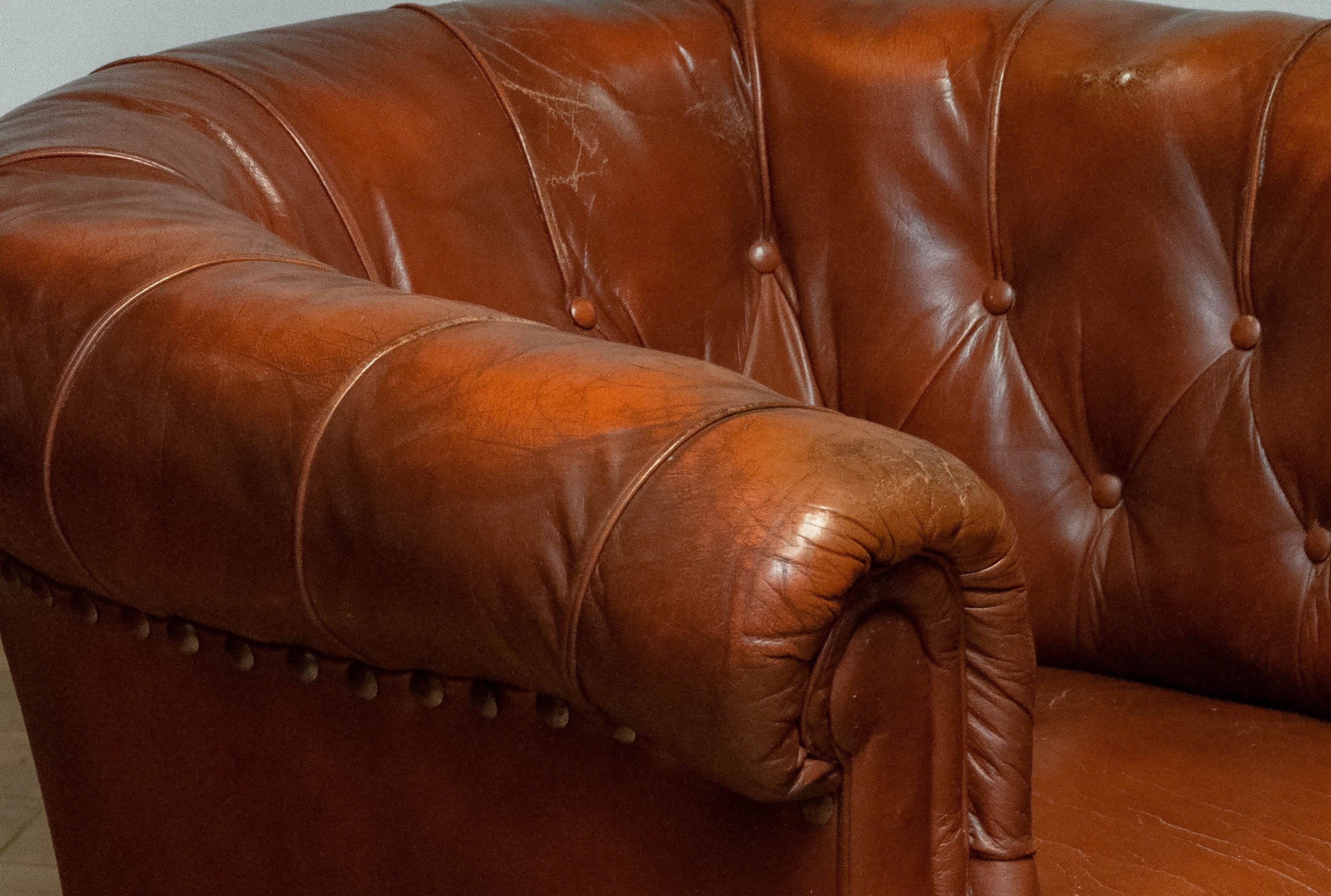 Pair 1940s Swedish Tufted Club Chair 'Chesterfield Model' Tan Brown Worn Leather 4