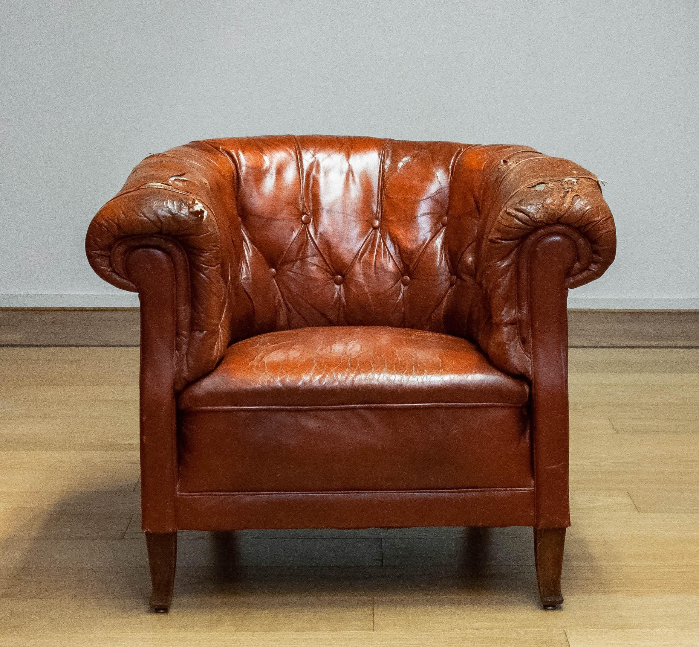 1940s Swedish Tufted Club Chair 'Chesterfield Model' In Tan Brown Worn Leather 6