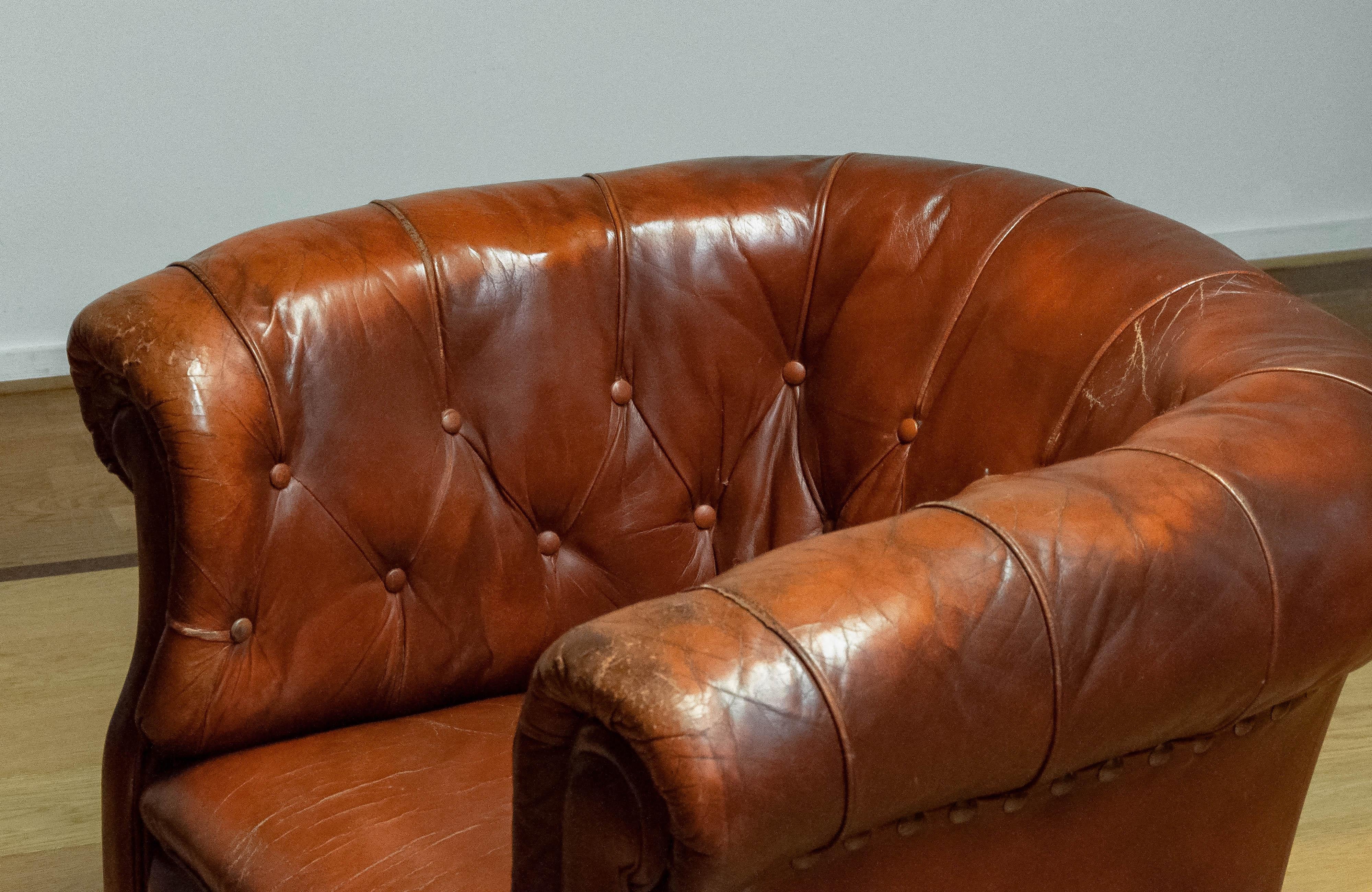 1940s Swedish Tufted Club Chair 'Chesterfield Model' In Tan Brown Worn Leather 7
