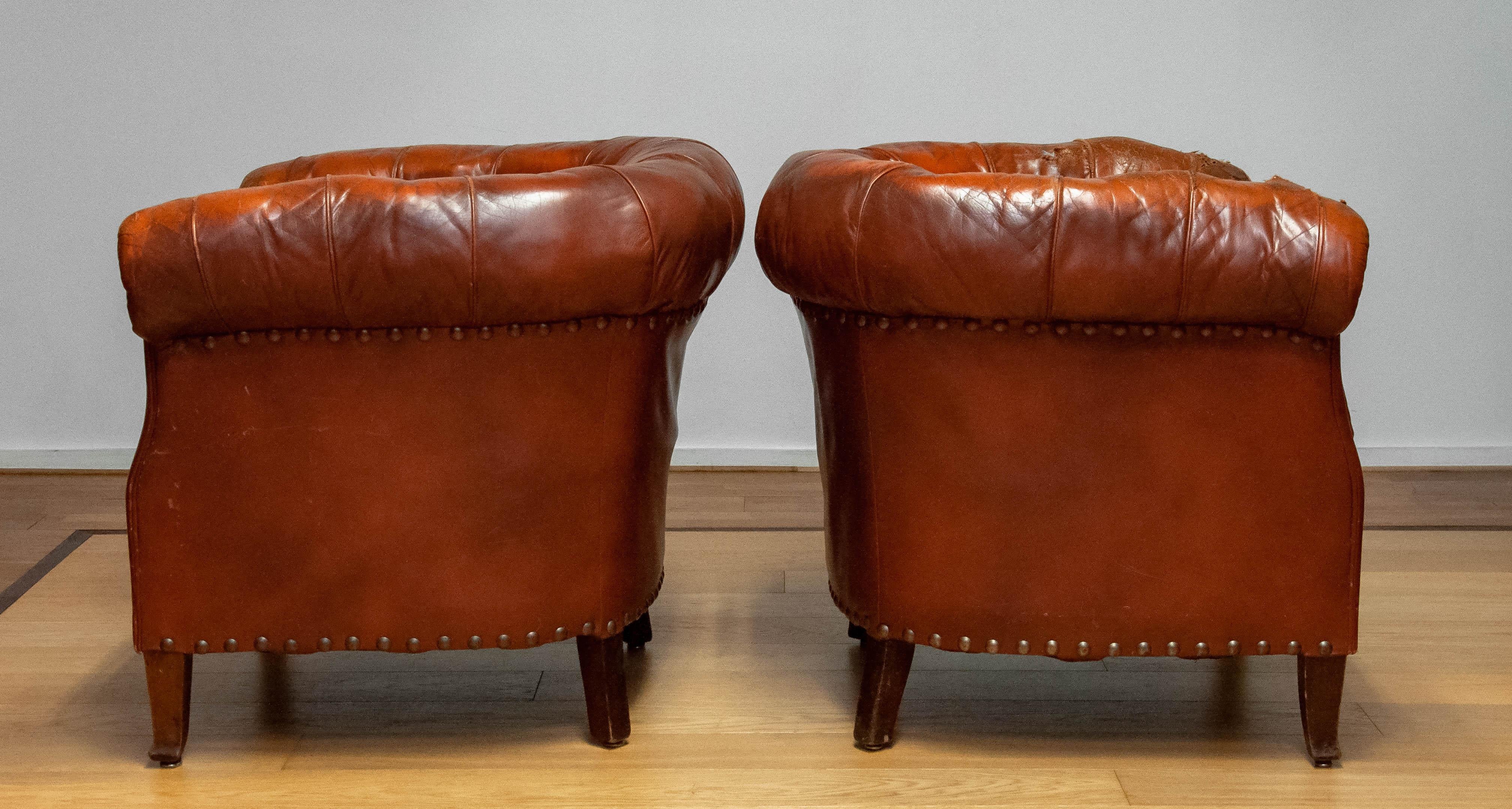Pair 1940s Swedish Tufted Club Chair 'Chesterfield Model' Tan Brown Worn Leather 5