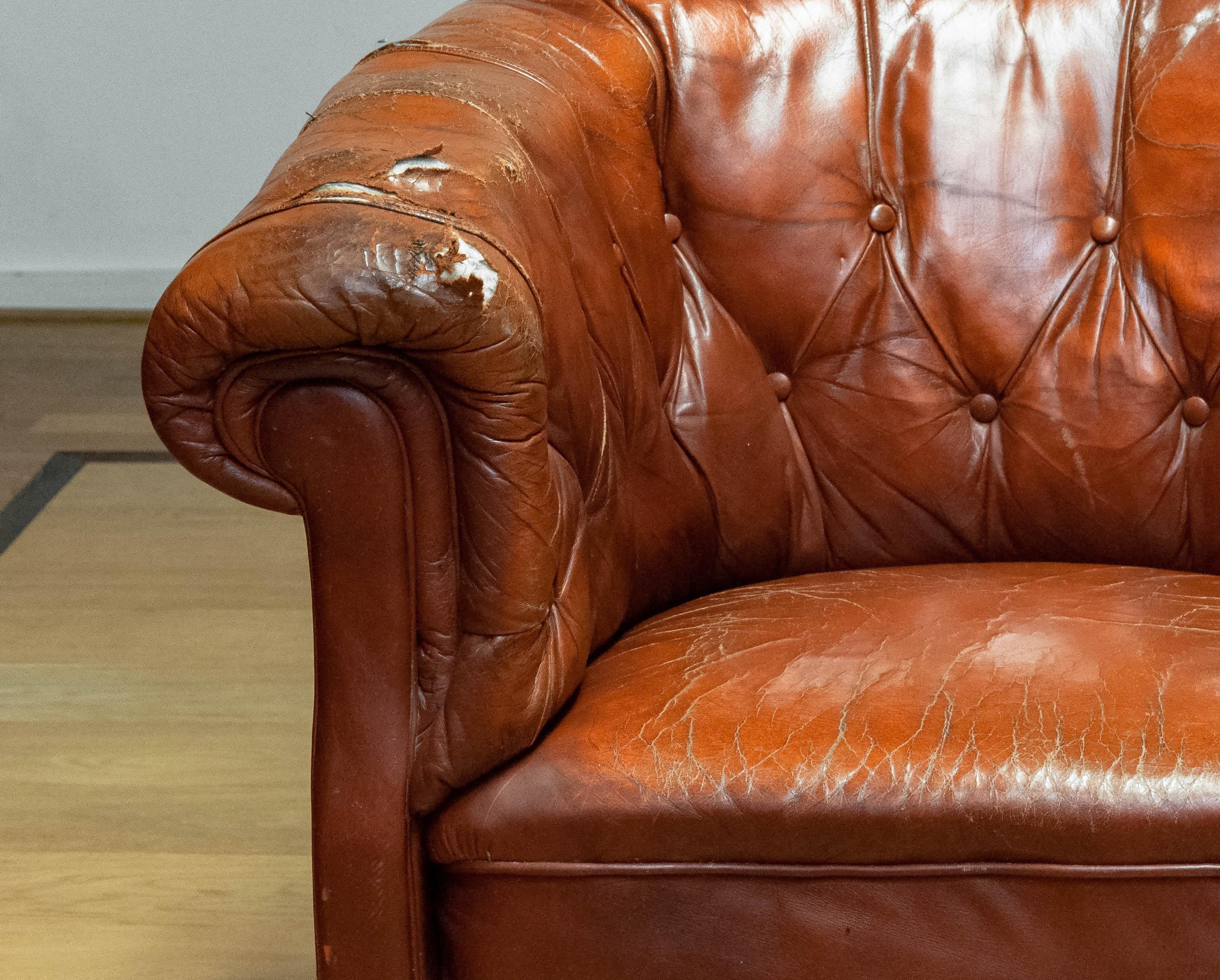 1940s Swedish Tufted Club Chair 'Chesterfield Model' In Tan Brown Worn Leather 7