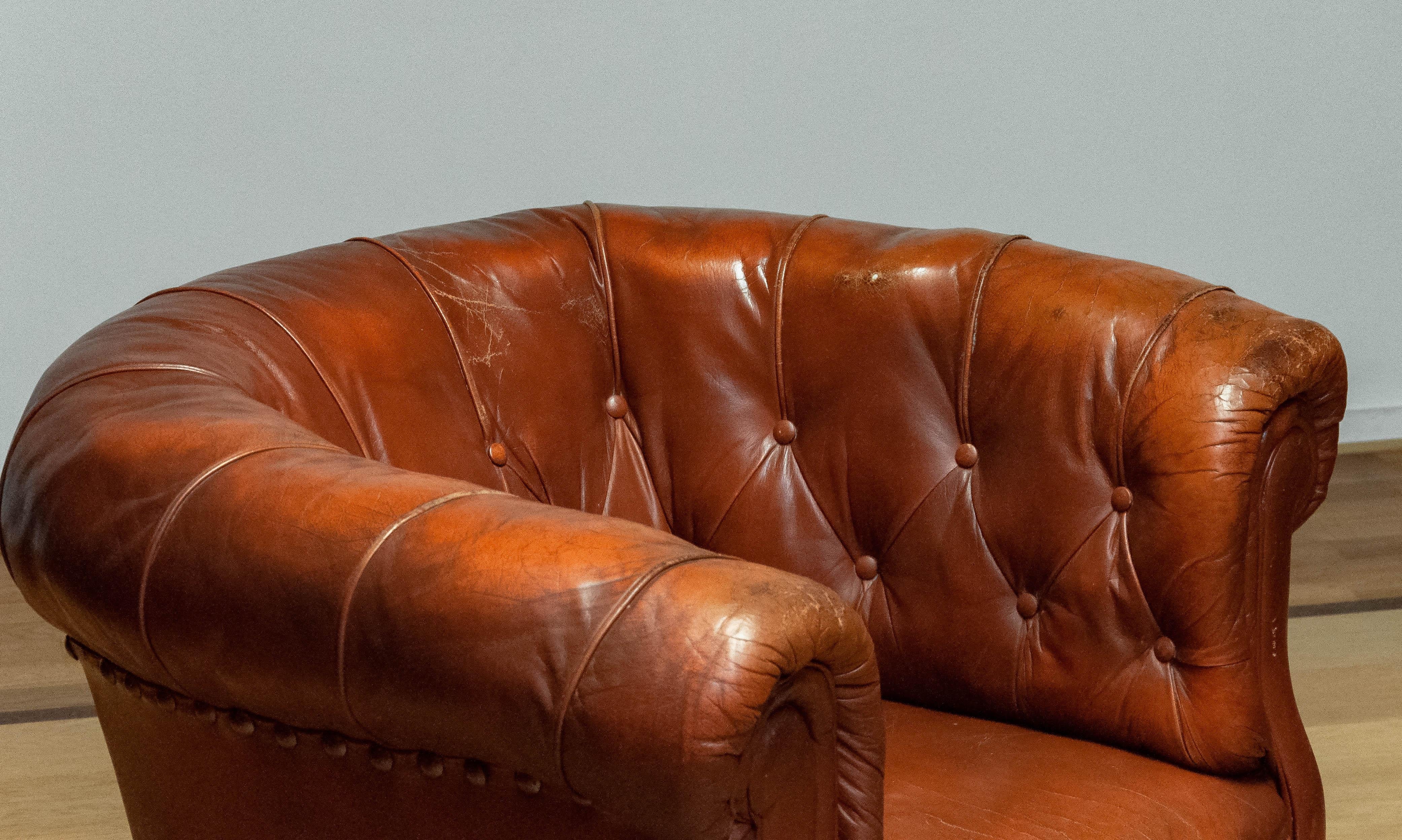 1940s Swedish Tufted Club Chair 'Chesterfield Model' In Tan Brown Worn Leather 8