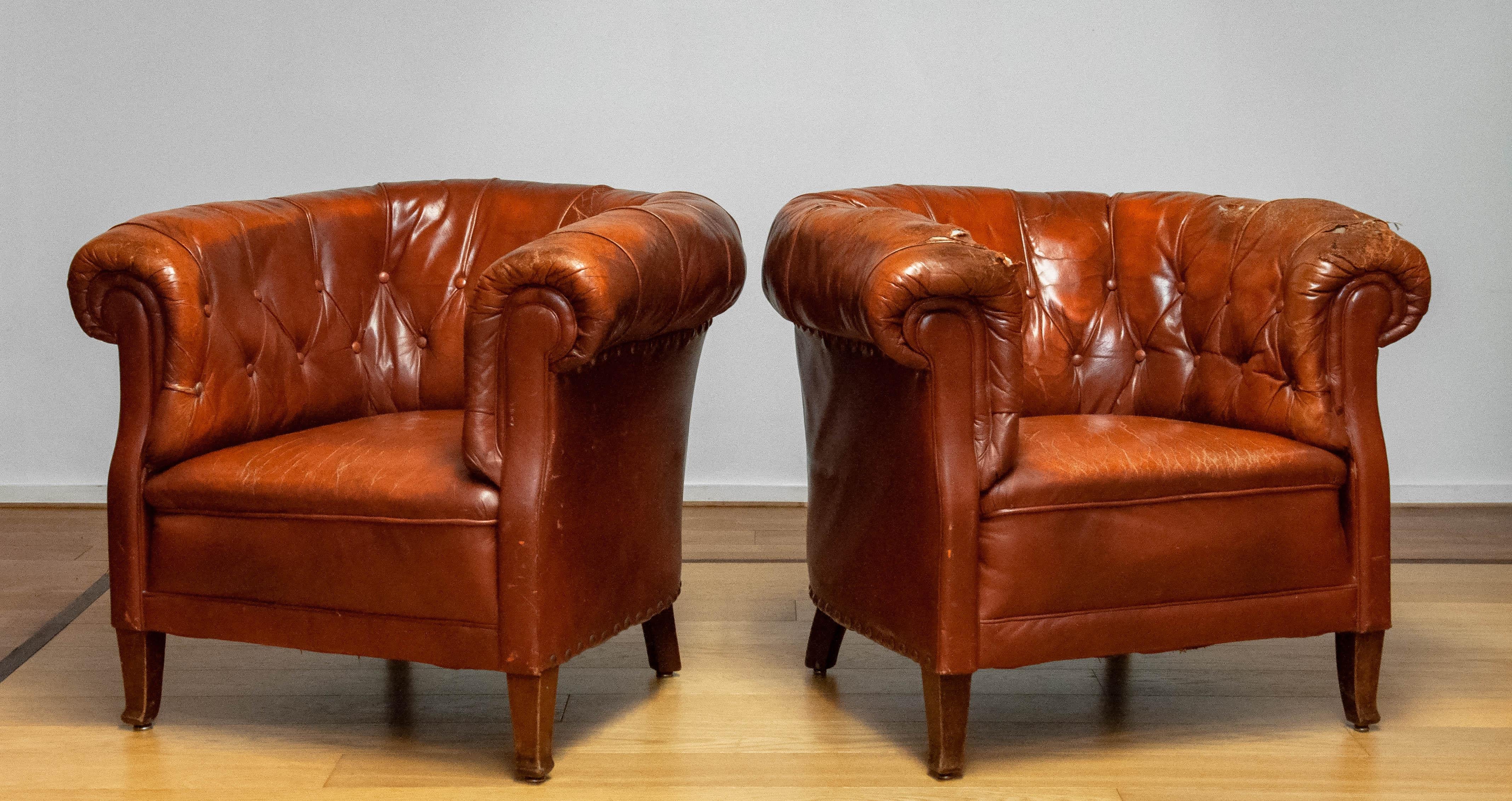Pair 1940s Swedish Tufted Club Chair 'Chesterfield Model' Tan Brown Worn Leather 6
