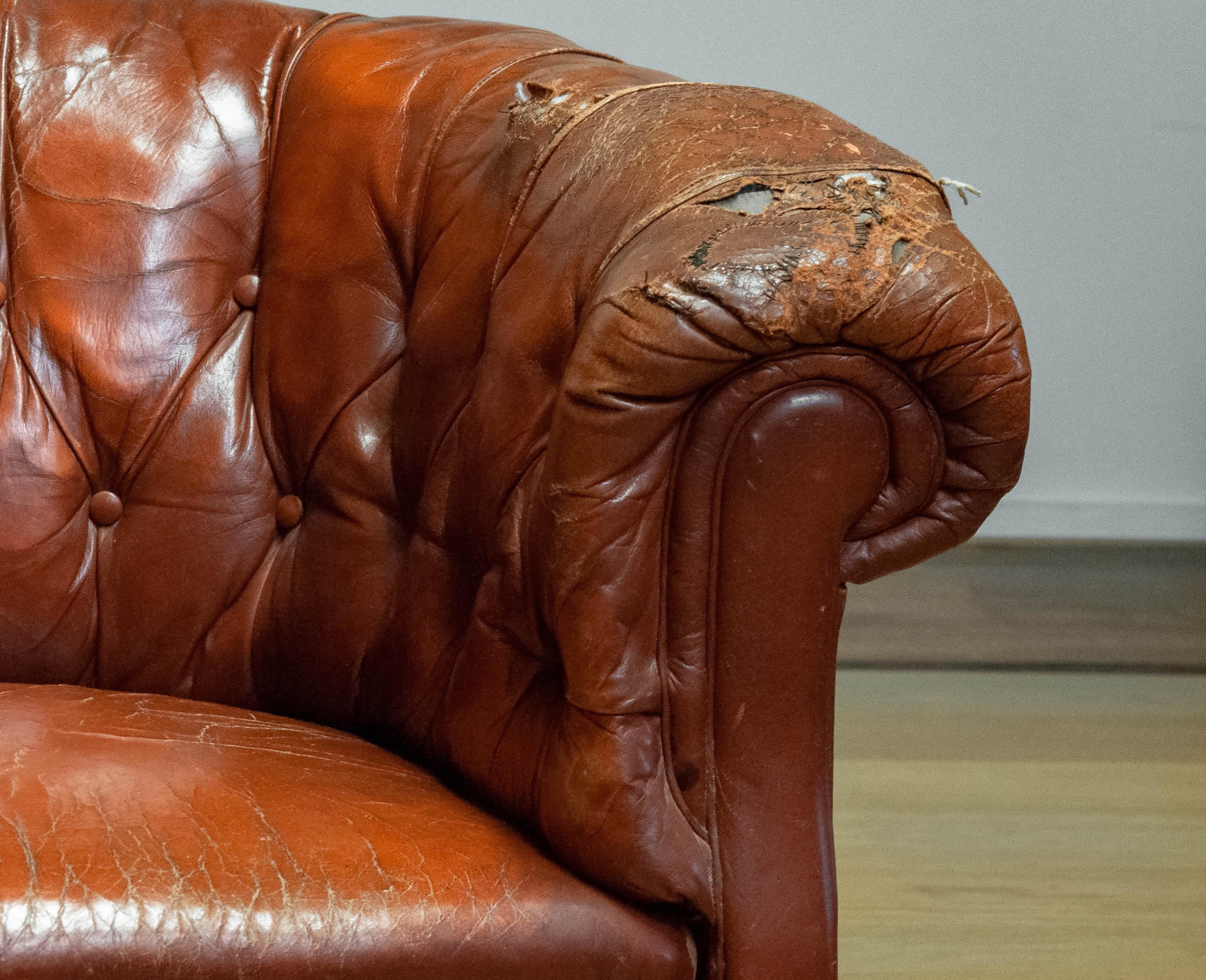 1940s Swedish Tufted Club Chair 'Chesterfield Model' In Tan Brown Worn Leather 8
