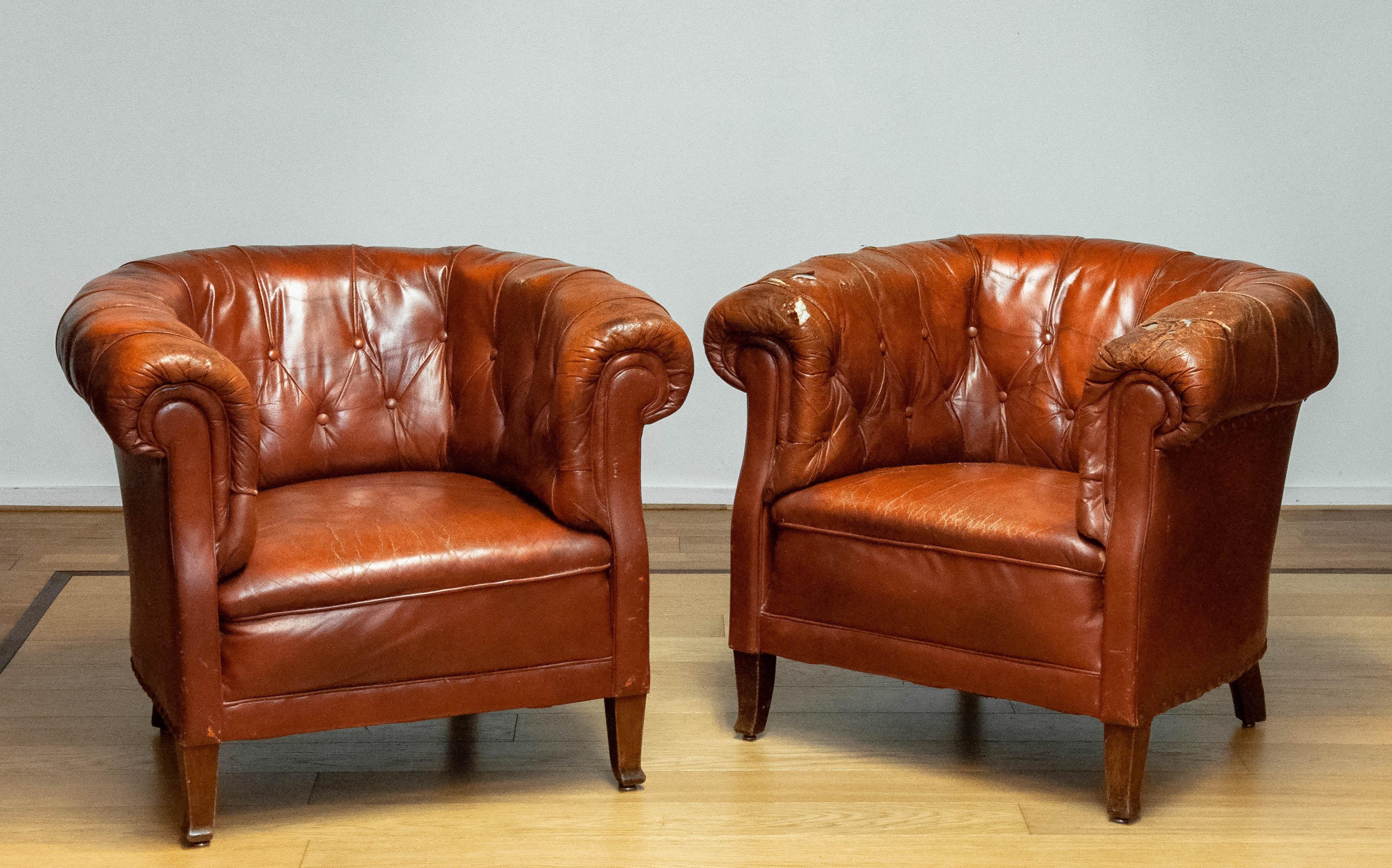 1940s Swedish Tufted Club Chair 'Chesterfield Model' In Tan Brown Worn Leather 9
