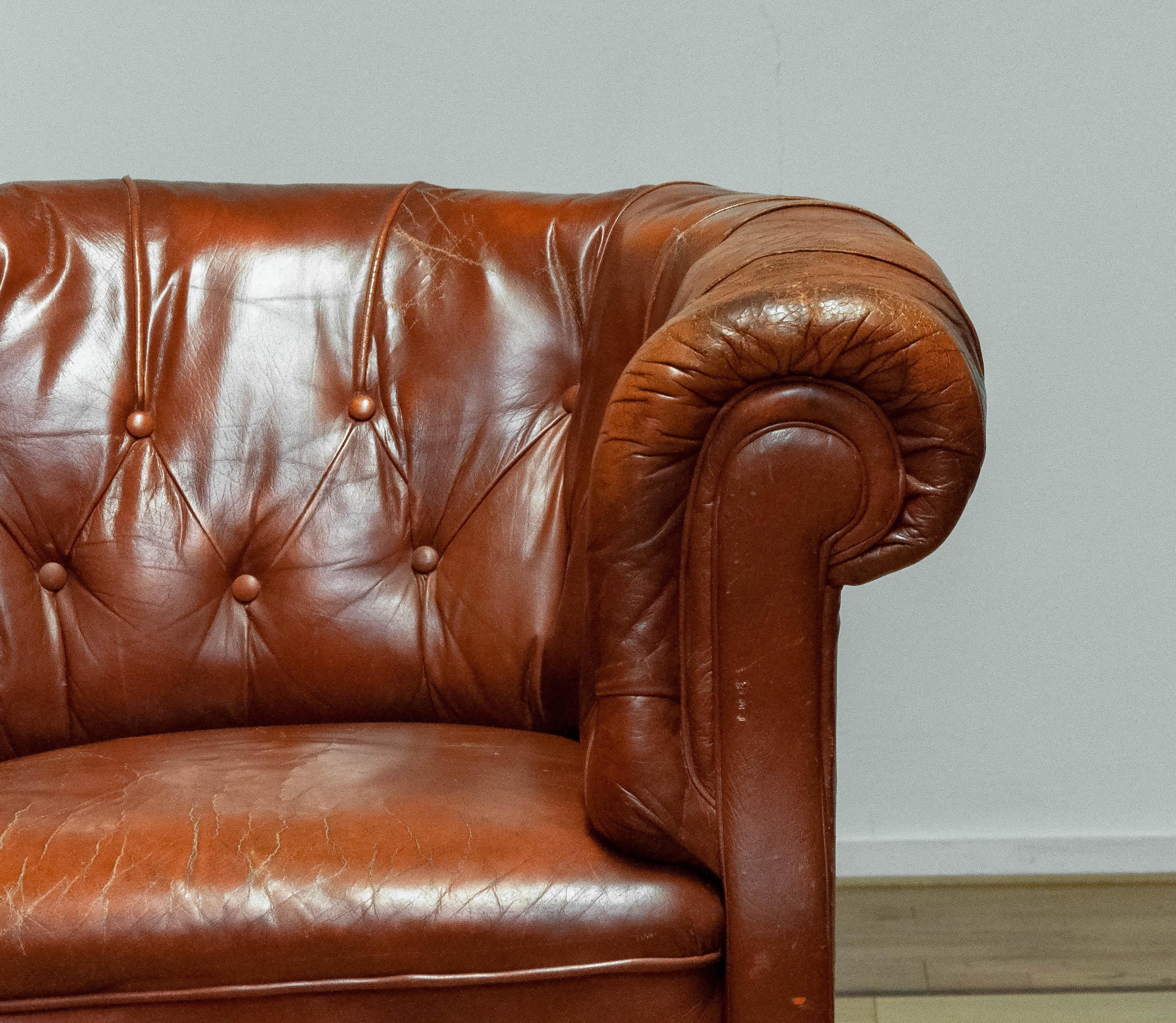 1940s Swedish Tufted Club Chair 'Chesterfield Model' In Tan Brown Worn Leather 10