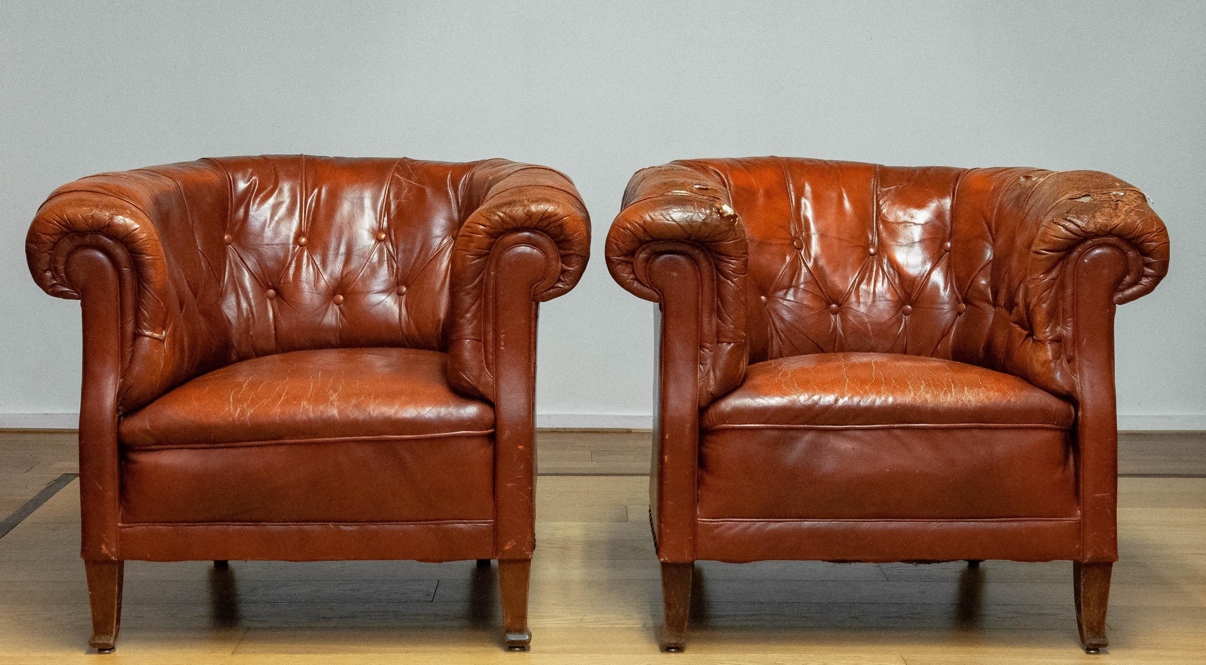 1940s Swedish Tufted Club Chair 'Chesterfield Model' In Tan Brown Worn Leather 11