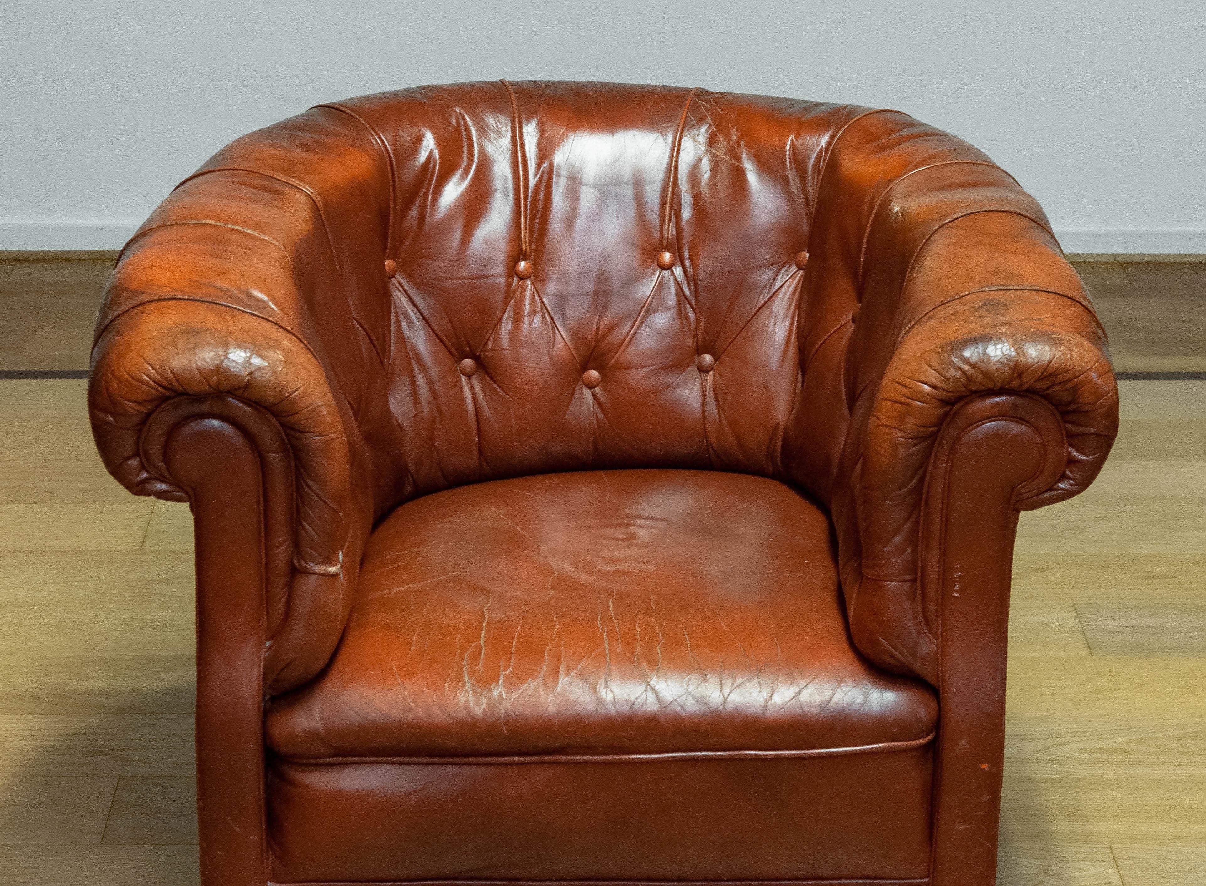Mid-20th Century 1940s Swedish Tufted Club Chair 'Chesterfield Model' In Tan Brown Worn Leather