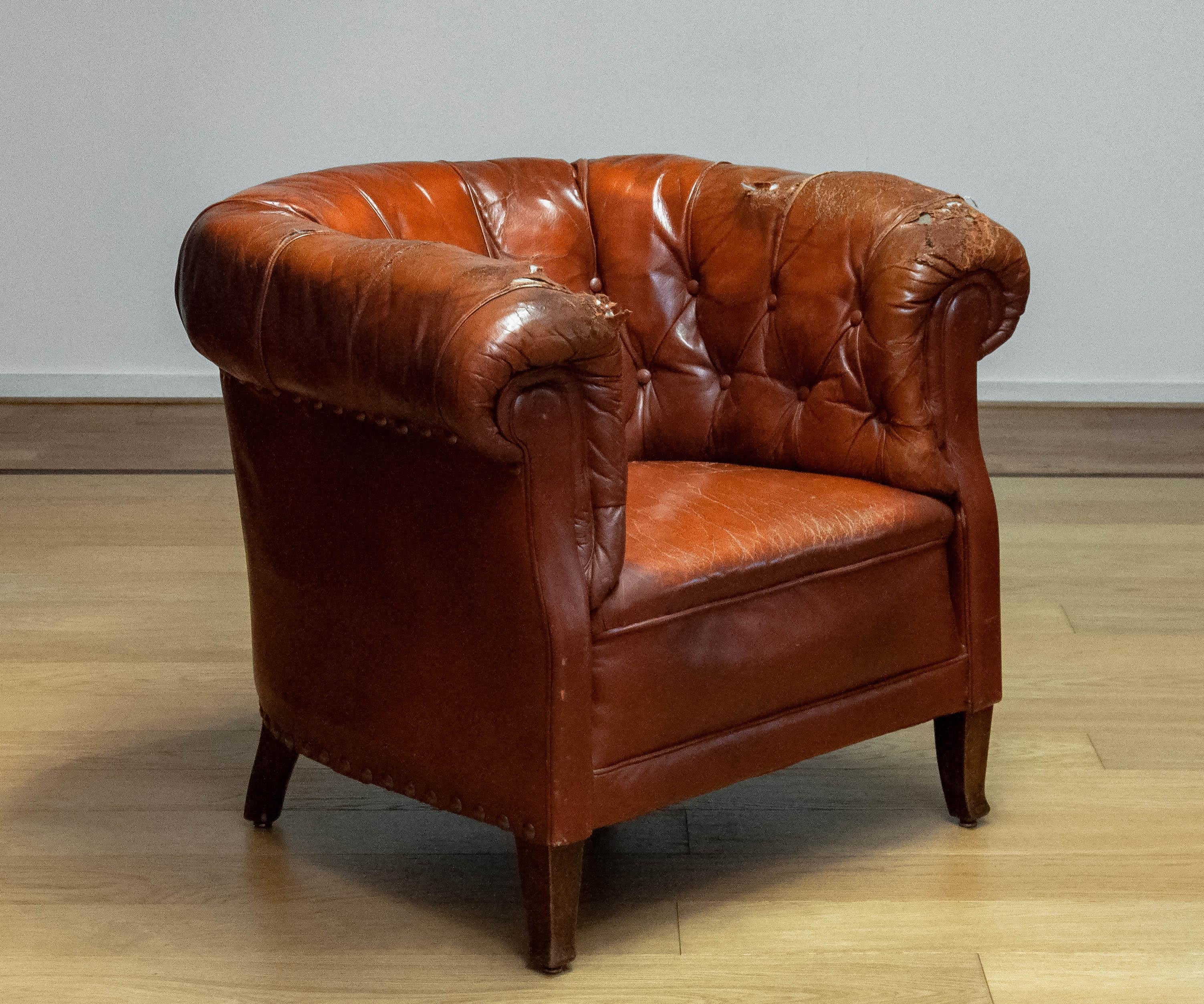 Mid-20th Century 1940s Swedish Tufted Club Chair 'Chesterfield Model' In Tan Brown Worn Leather