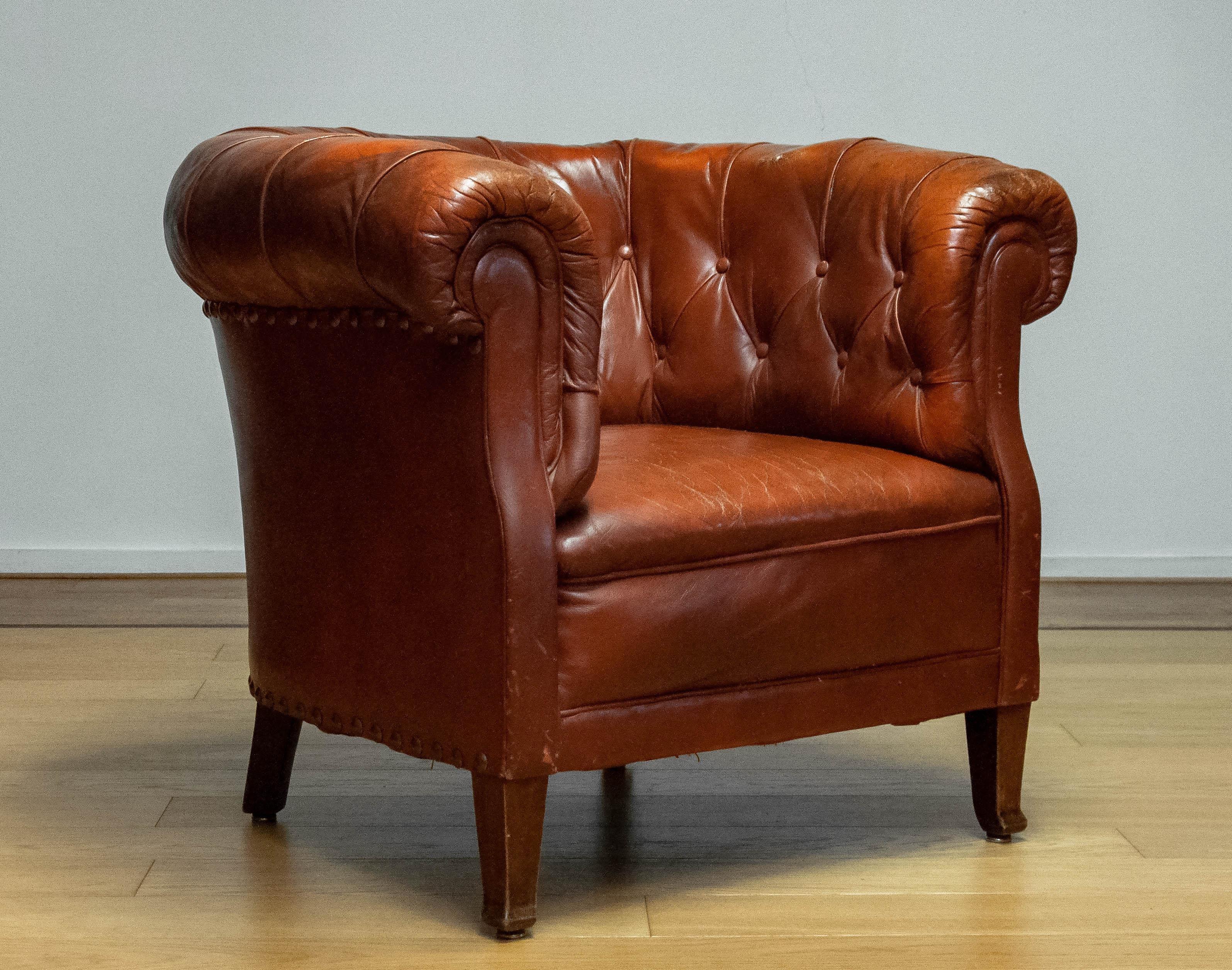1940s Swedish Tufted Club Chair 'Chesterfield Model' In Tan Brown Worn Leather 1
