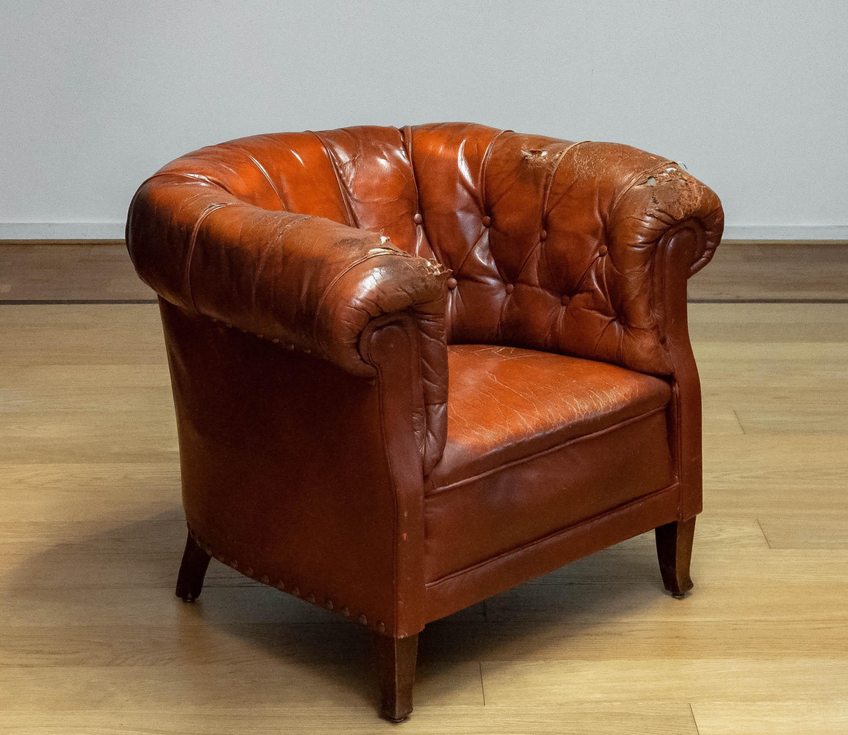 1940s Swedish Tufted Club Chair 'Chesterfield Model' In Tan Brown Worn Leather 1