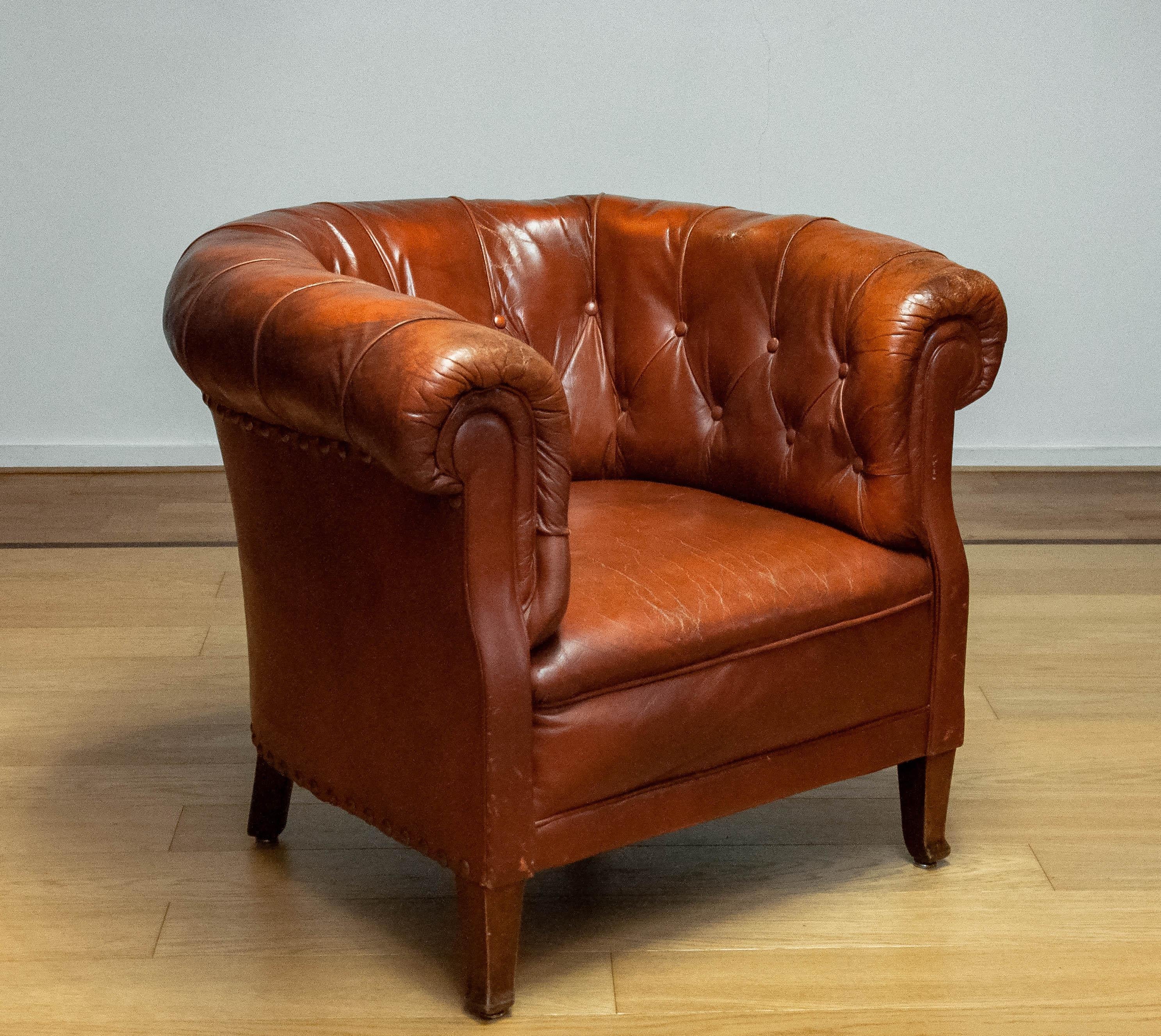1940s Swedish Tufted Club Chair 'Chesterfield Model' In Tan Brown Worn Leather 2