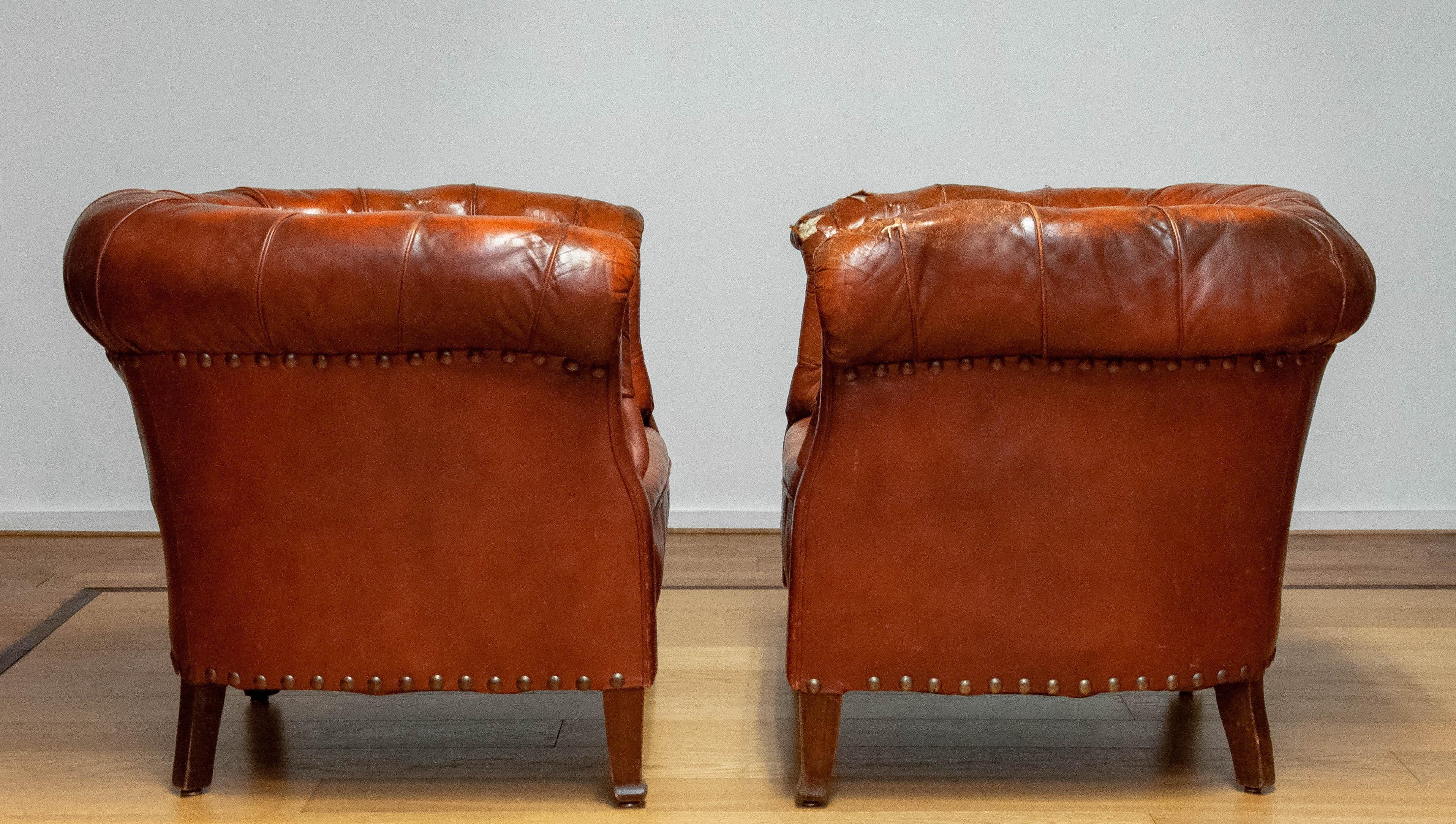 Mid-20th Century Pair 1940s Swedish Tufted Club Chair 'Chesterfield Model' Tan Brown Worn Leather