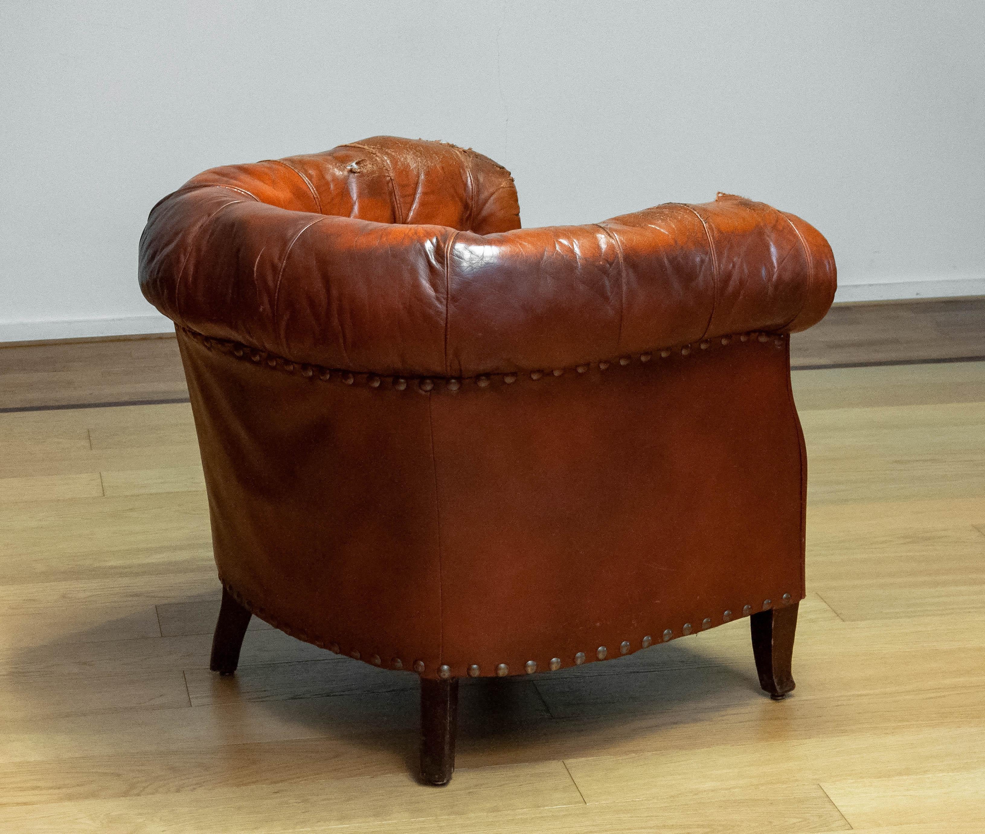1940s Swedish Tufted Club Chair 'Chesterfield Model' In Tan Brown Worn Leather 2