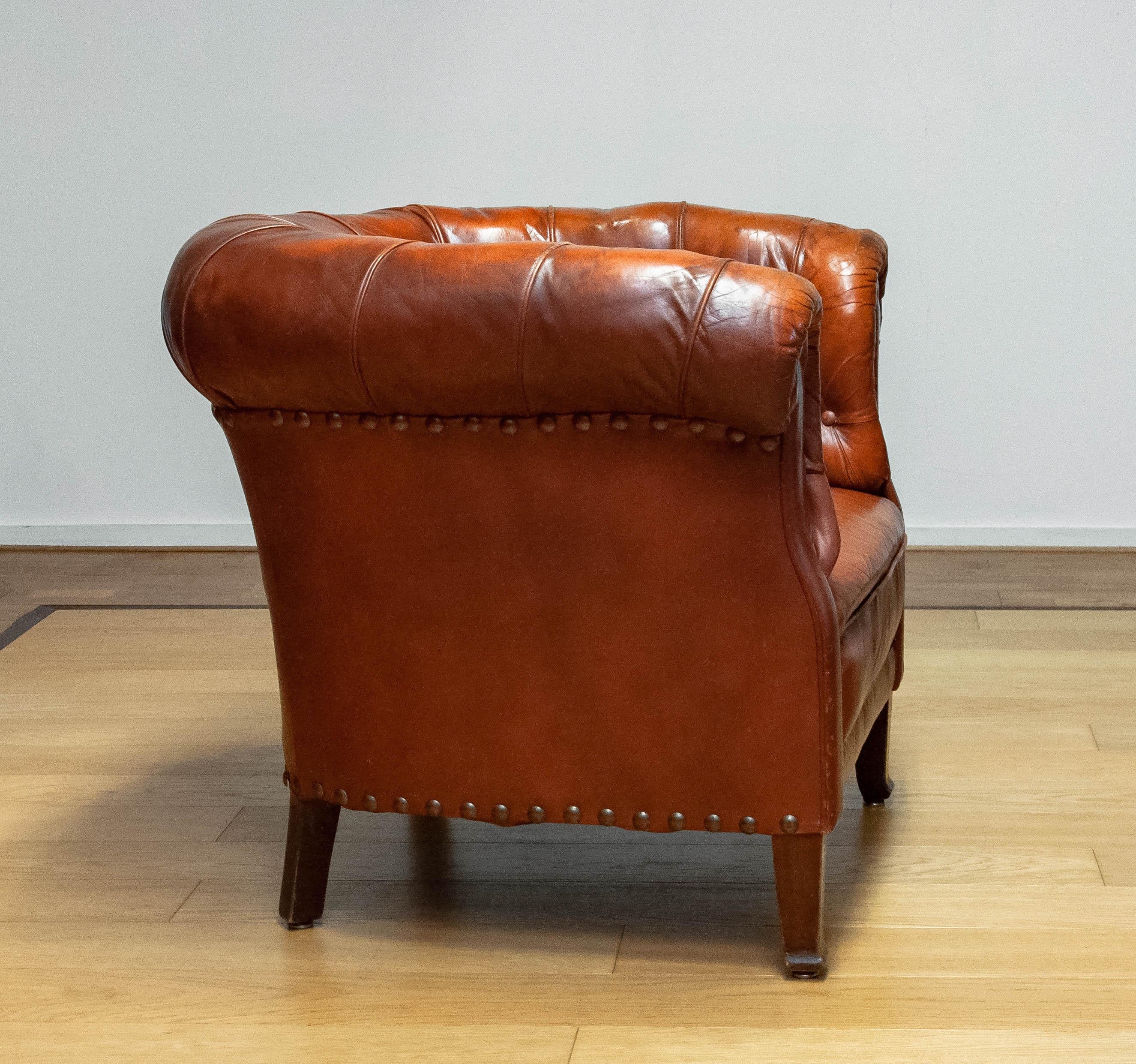 1940s Swedish Tufted Club Chair 'Chesterfield Model' In Tan Brown Worn Leather 3