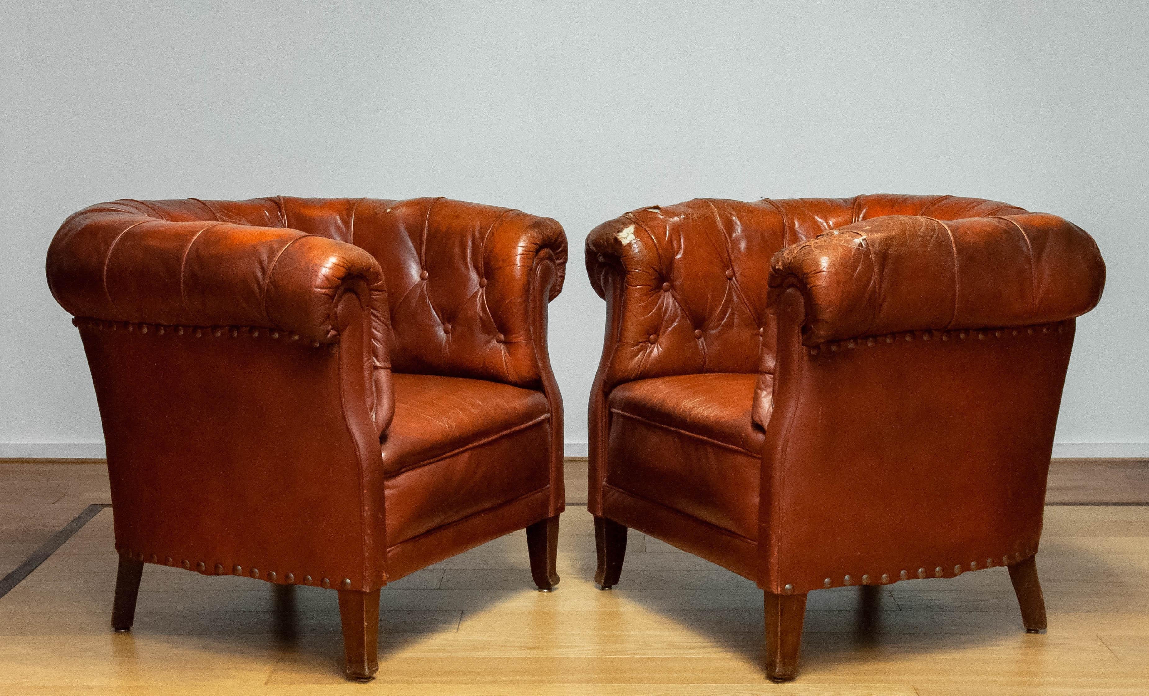 Pair 1940s Swedish Tufted Club Chair 'Chesterfield Model' Tan Brown Worn Leather 1