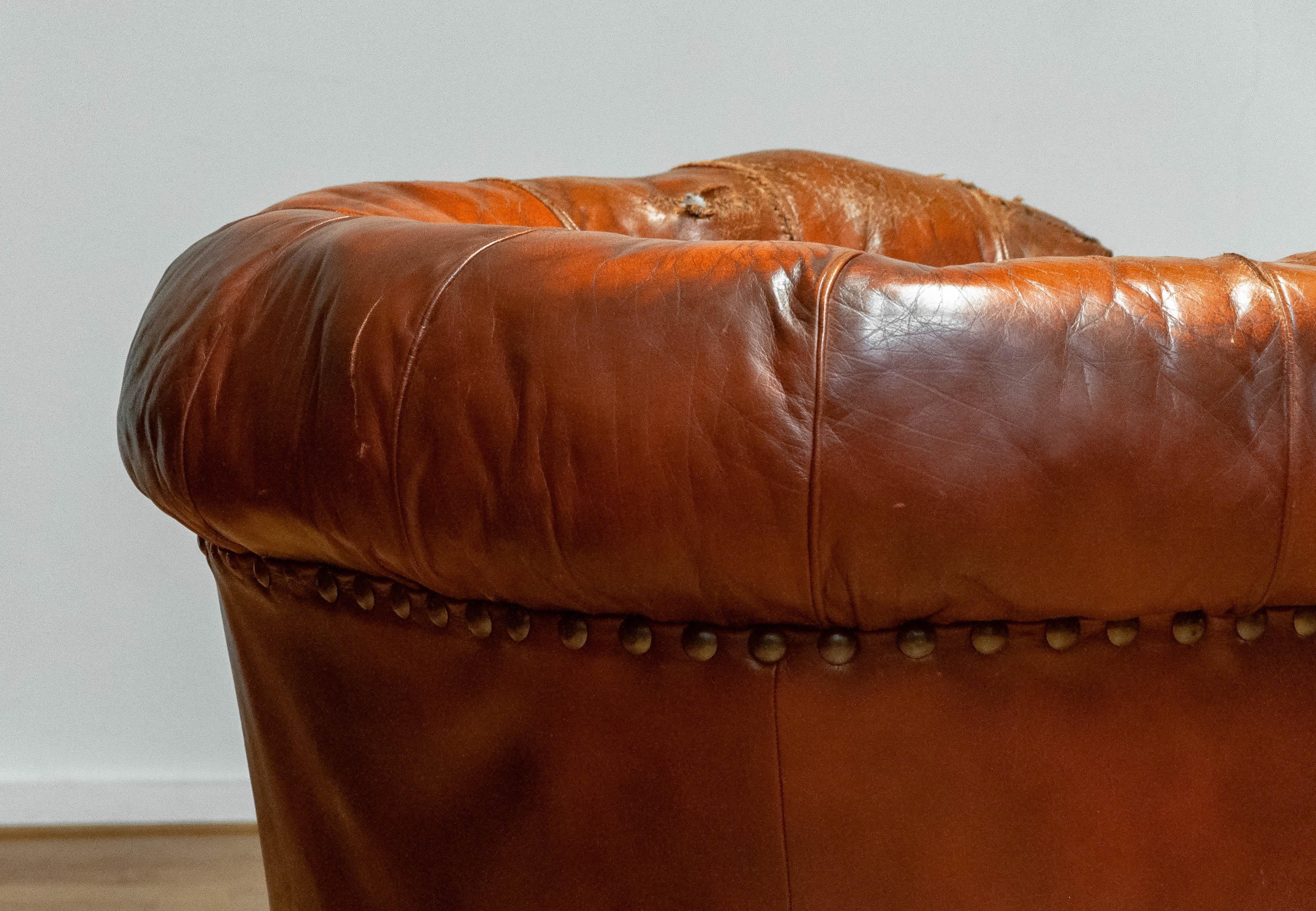 1940s Swedish Tufted Club Chair 'Chesterfield Model' In Tan Brown Worn Leather 3