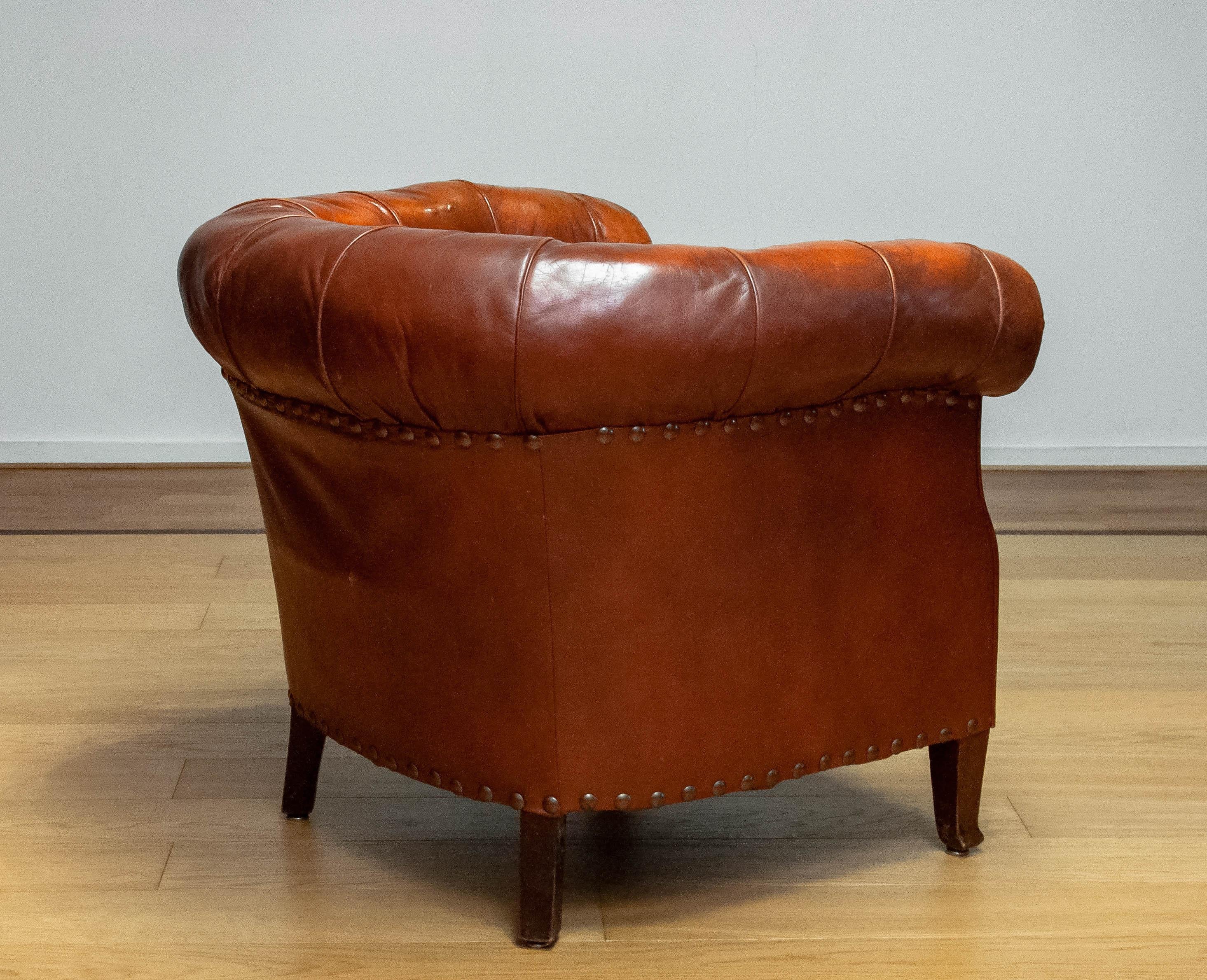 1940s Swedish Tufted Club Chair 'Chesterfield Model' In Tan Brown Worn Leather 4