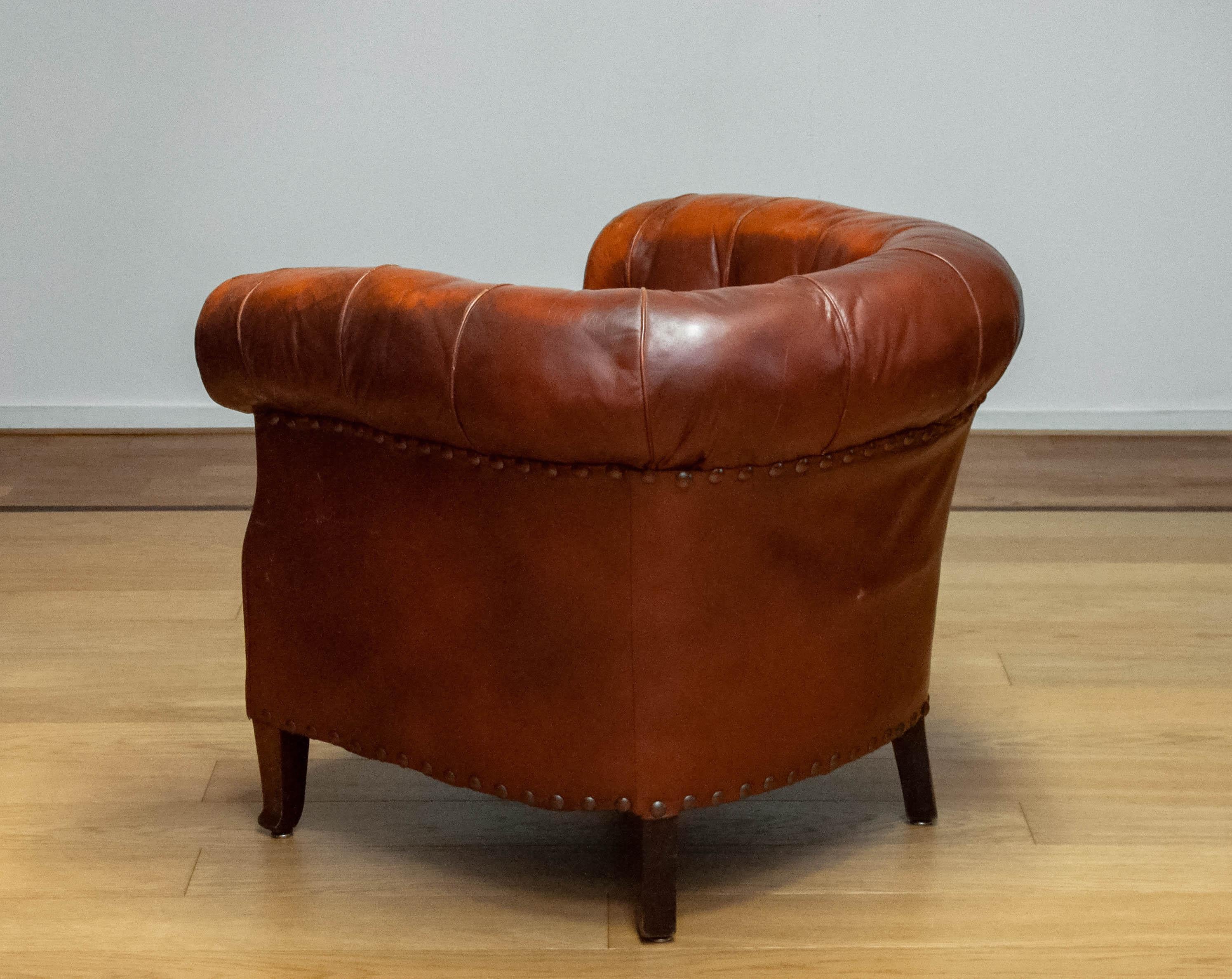 1940s Swedish Tufted Club Chair 'Chesterfield Model' In Tan Brown Worn Leather 5