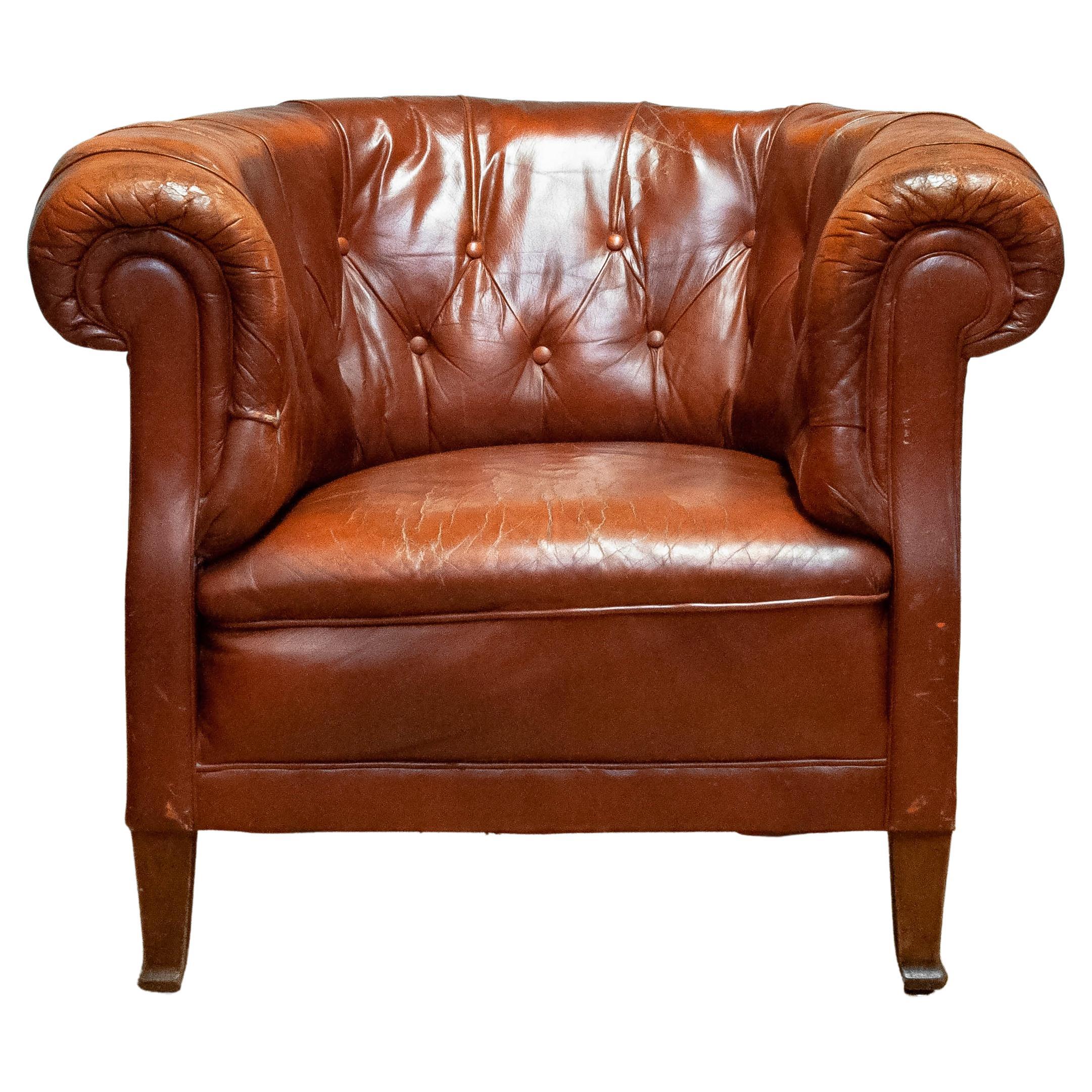 1940s Swedish Tufted Club Chair 'Chesterfield Model' In Tan Brown Worn Leather
